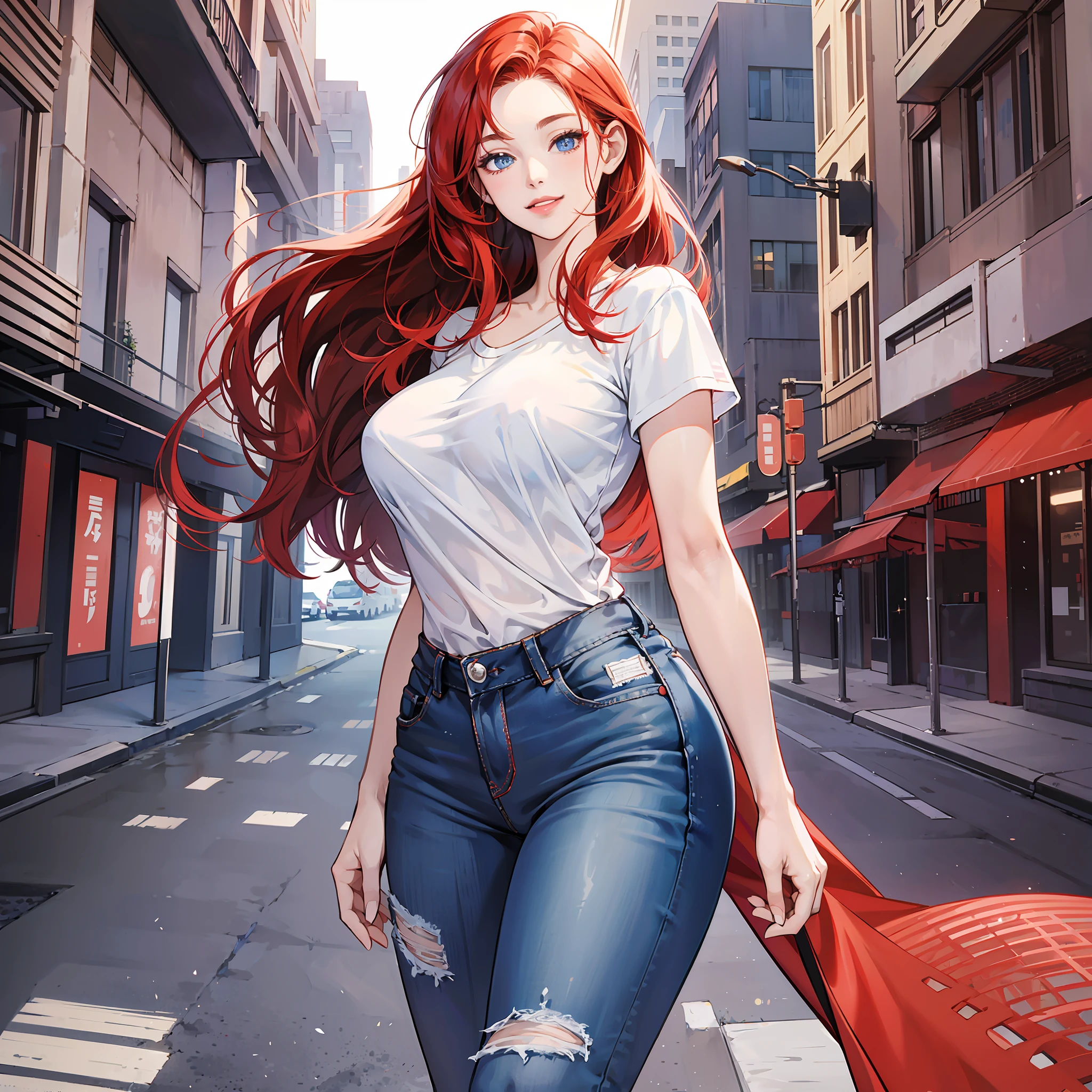 Anime-style image of a woman with red, straight, large hair. Blue eyes, fair skin, delicate appearance, smiling, reddened lips, large breasts, thin waist, big ass and wearing a white T-shirt and jeans. Full body --auto --s2