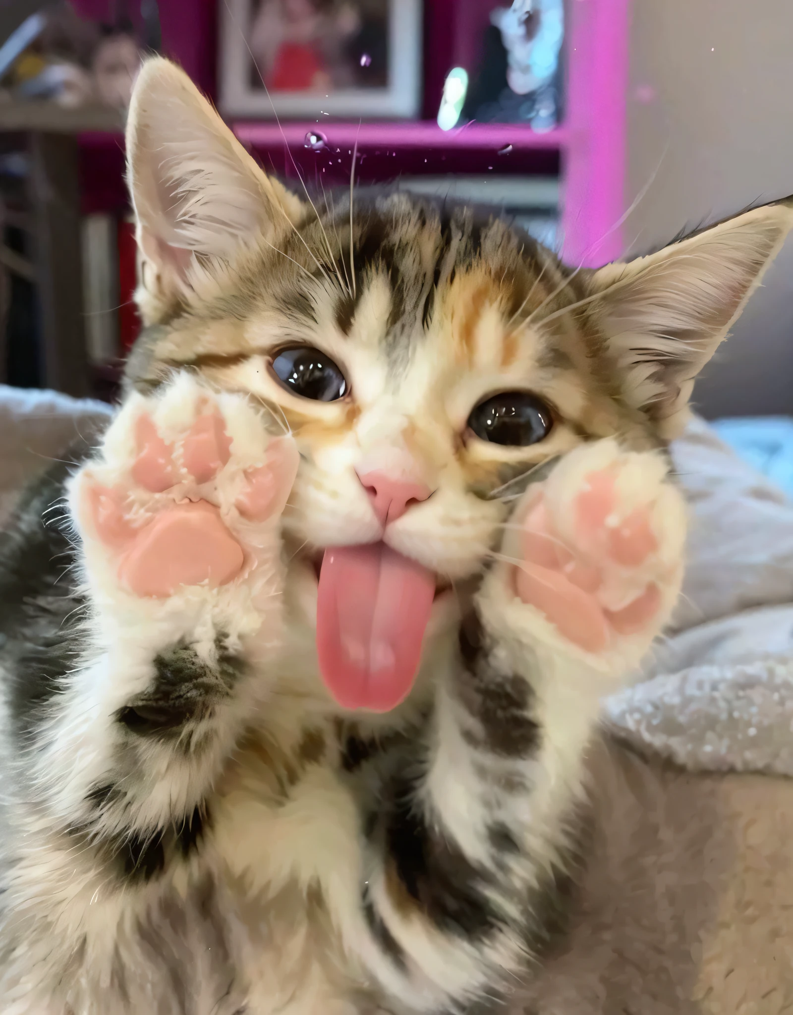there is a cat that is sticking its tongue out and making a funny face, tongue out, she has a cute expressive face, an adorable kitten, the cutest kitten ever, holding paws, cute silly face, cute and adorable, painfully adorable, she has a cute face, aww, r/aww, cute cat, cute kitten, happy cat