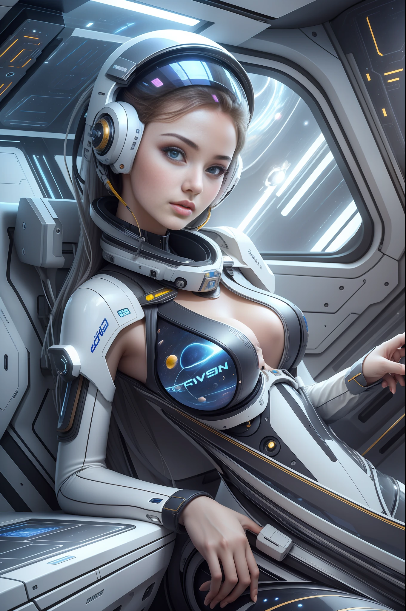 1 cute and beautiful girl, 20 years old, in a huge spaceship, the interior decoration is full of technology and futuristic, the space is open and huge, smooth lines, inspired by the movie space traveler, seductive appearance, ultra HD, sexy long legs, no helmet