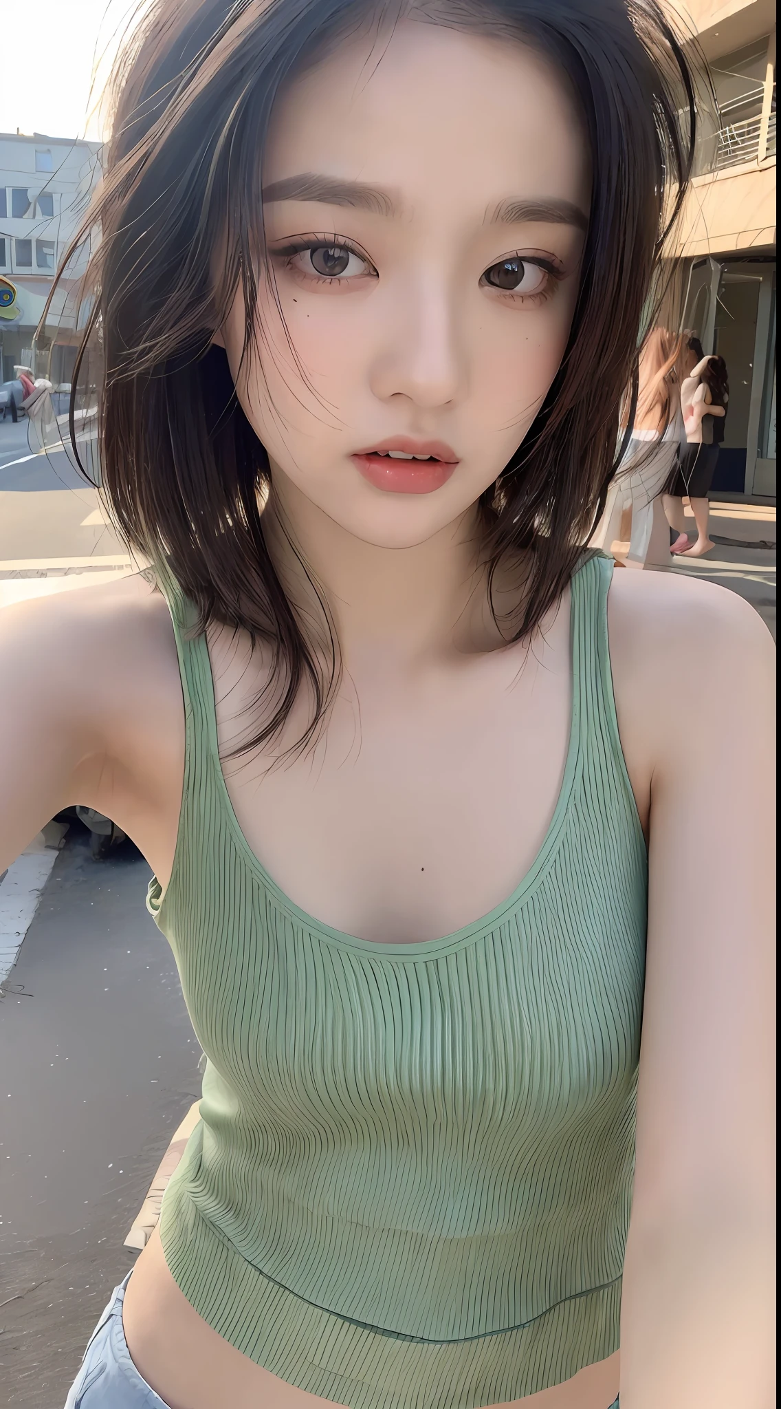 ((Best quality, 8k, Masterpiece :1.3)), Sharp focus:1.2, Perfect Body Beauty:1.4, Slim Abs:1.2, ((Layered hairstyle, Naughty expression: 1.2)), (Tank top shirt:1.1), (Street:1.2), Highly detailed face and skin texture, Fine eyes, Double eyelids