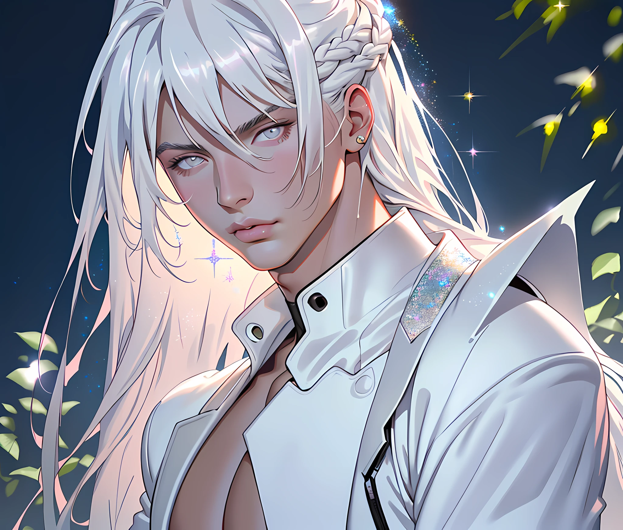 masterpiece, highest quality, (perfect face:1.1), (high detail:1.1), angel with long voluminous white hair, soft hair, neon white eyes, solo ,1guy, long hair, white luxury suit, Rose Garden detailed background, realistic, covered navel, pouty lips, curvy guy, perfectly drawn face, cinematic lighting, balenciaga, glitter
