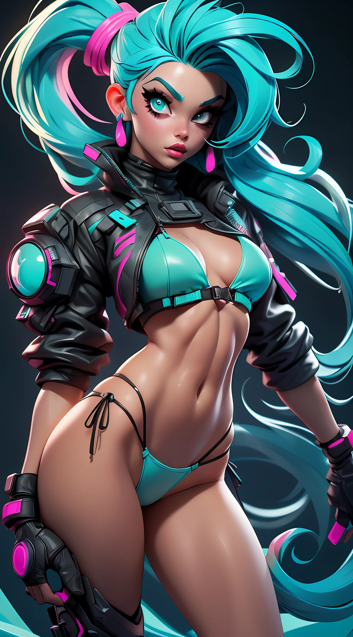 ((Best Quality)), ((Masterpiece)), ((Realistic)) and ultra-detailed photography of a 1nerdy girl with goth and neon colors. She has ((turquoise hair)), wears a small skimpy black bikini thong , ((beautiful and aesthetic)), muscular fit body abs, sexy, under-boobs, hot