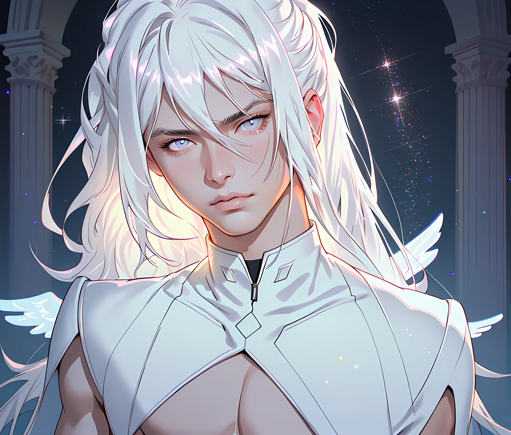 masterpiece, highest quality, (perfect face:1.1), (high detail:1.1), angel with long voluminous white hair, soft hair, neon white eyes, solo ,1guy, long hair, white luxury suit, Rose Garden detailed background, realistic, covered navel, pouty lips, curvy guy, perfectly drawn face, cinematic lighting, balenciaga, glitter