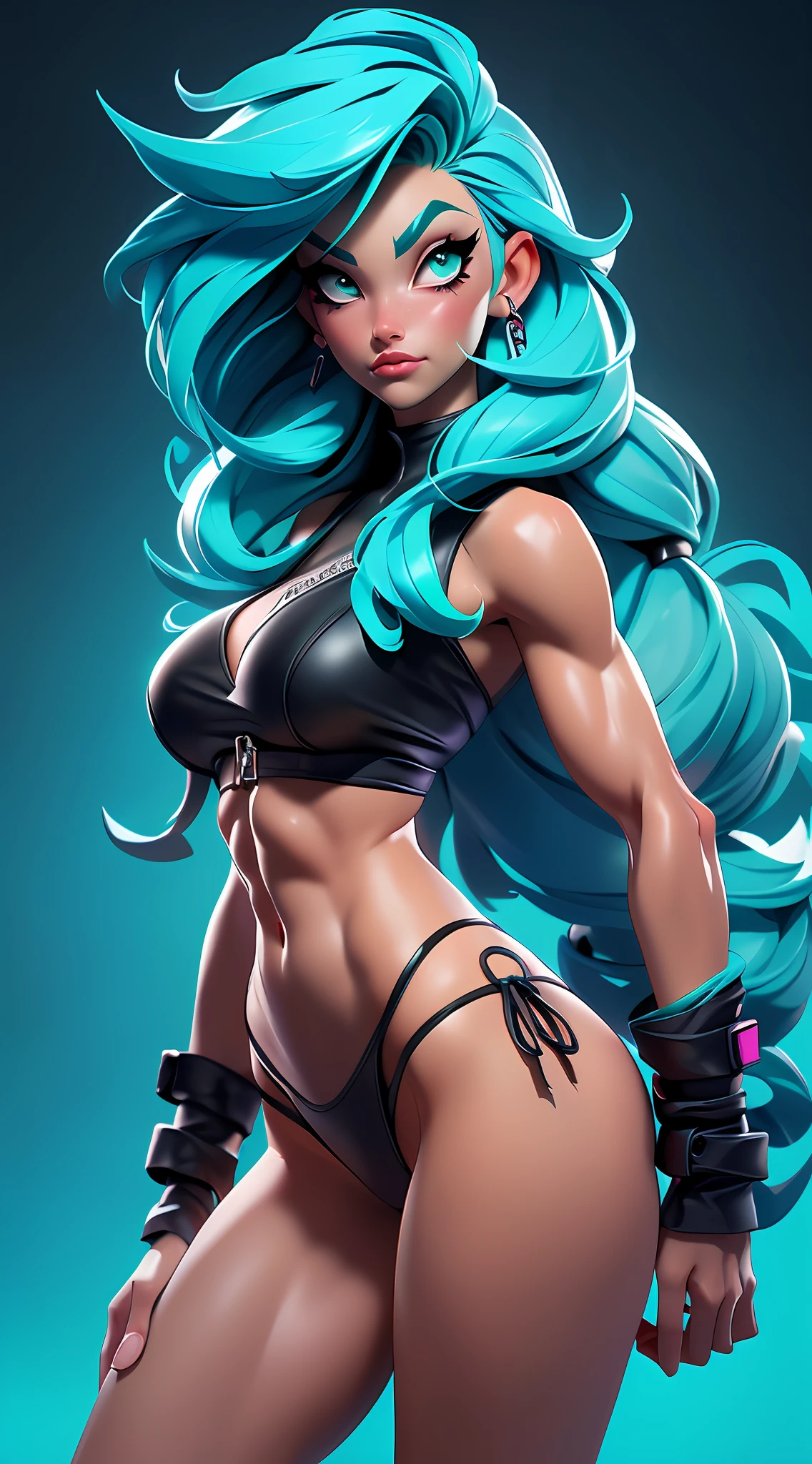 ((Best Quality)), ((Masterpiece)), ((Realistic)) and ultra-detailed photography of a 1nerdy girl with goth and neon colors. She has ((turquoise hair)), wears a small skimpy black bikini thong , ((beautiful and aesthetic)), muscular fit body abs, sexy, under-boobs, hot