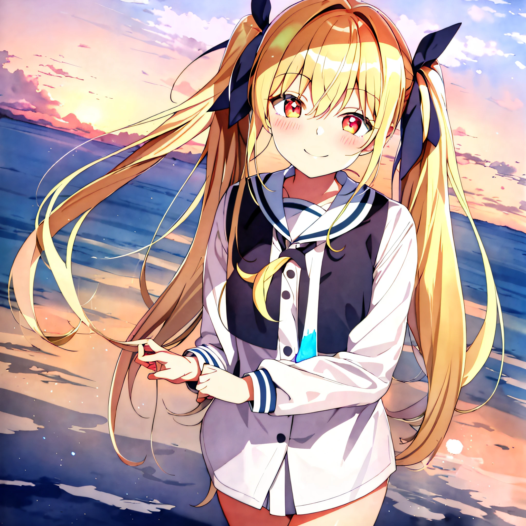 masterpiece, best quality, one girl, blonde hair, twin tails, hair ribbon, uniform, glowing eyes, smile, salt lake uyuni, watercolor style