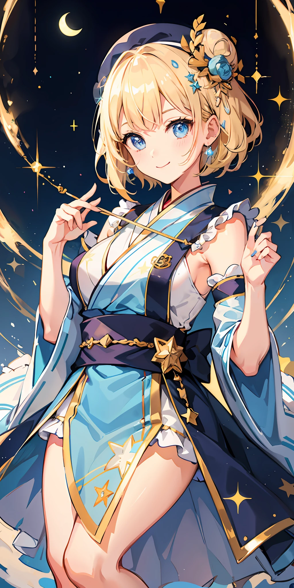 1girl, bright, blonde, light blue eyes, heart motif, star, moon, short hair, uniform bangs, multicolored hair, princess, saleme, side lights, light particles, wallpaper, big, plump, idol, idol costume, cute costume, fabulous costume, kimono, loose, smile, gentle, clear, , sexy