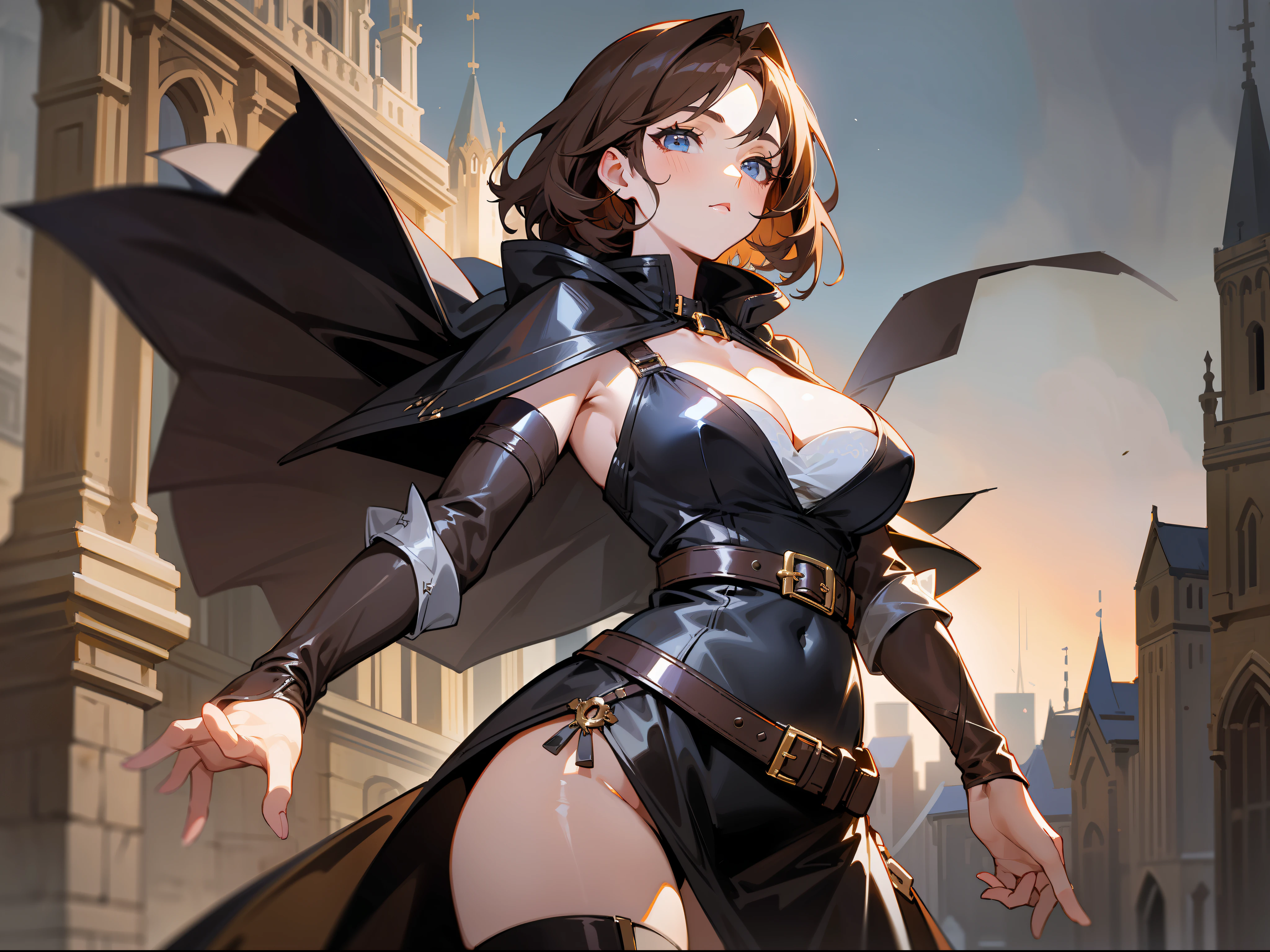 masterpiece, best quality, a mature woman, dark brown hair, light eyes, ladina, black clothing, black hood, leather armbands, belt, skirt, thigh-high height boots, costume, medieval, night, dynamic pose, beautiful detailed glow.