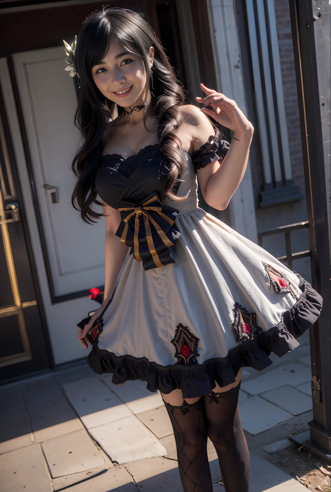 Short dress, lace stockings ta sensual red and day, abandoned city and next to or train in an environment of ((photo day)) Lauren Jauregui, smiling and happy in a