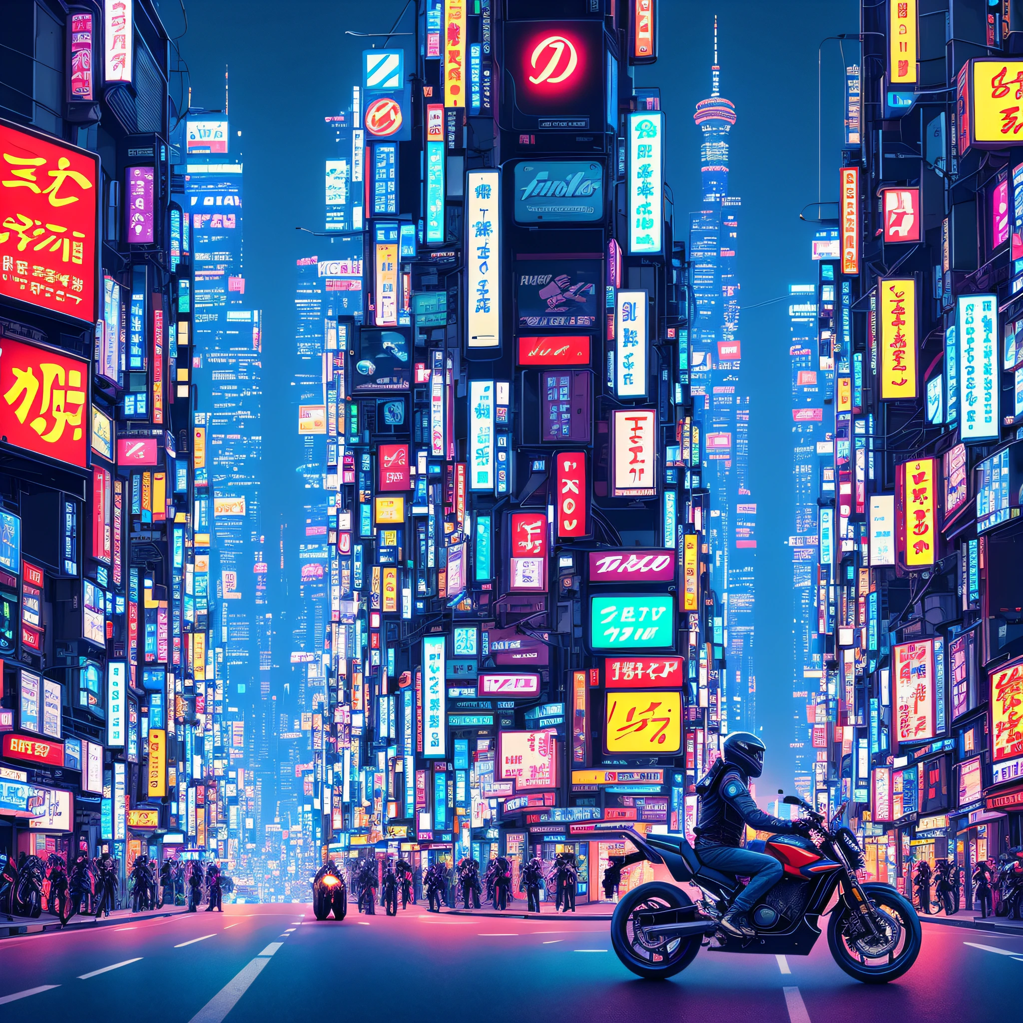A daring motorbike adventure in the bustling streets of Tokyo, Japan, with the rider maneuvering through neon-lit alleys and towering skyscrapers, capturing the electric energy of the city at night, Illustration, digital art, vibrant colors, --ar 9:16 --v 5