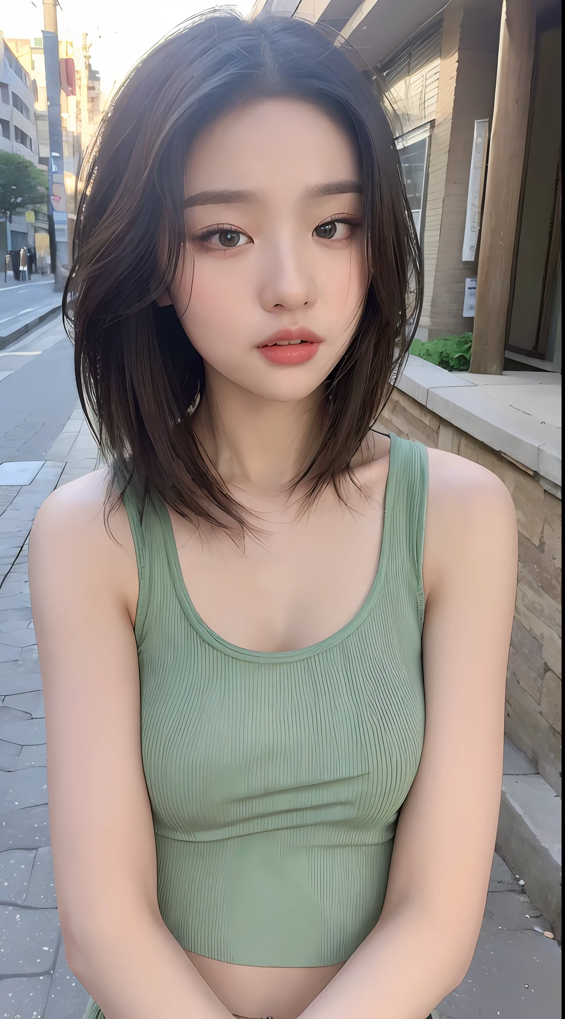 ((Best quality, 8k, Masterpiece :1.3)), Sharp focus:1.2, Perfect Body Beauty:1.4, Slim Abs:1.2, ((Layered hairstyle, Naughty expression: 1.2)), (Tank top shirt:1.1), (Street:1.2), Highly detailed face and skin texture, Fine eyes, Double eyelids