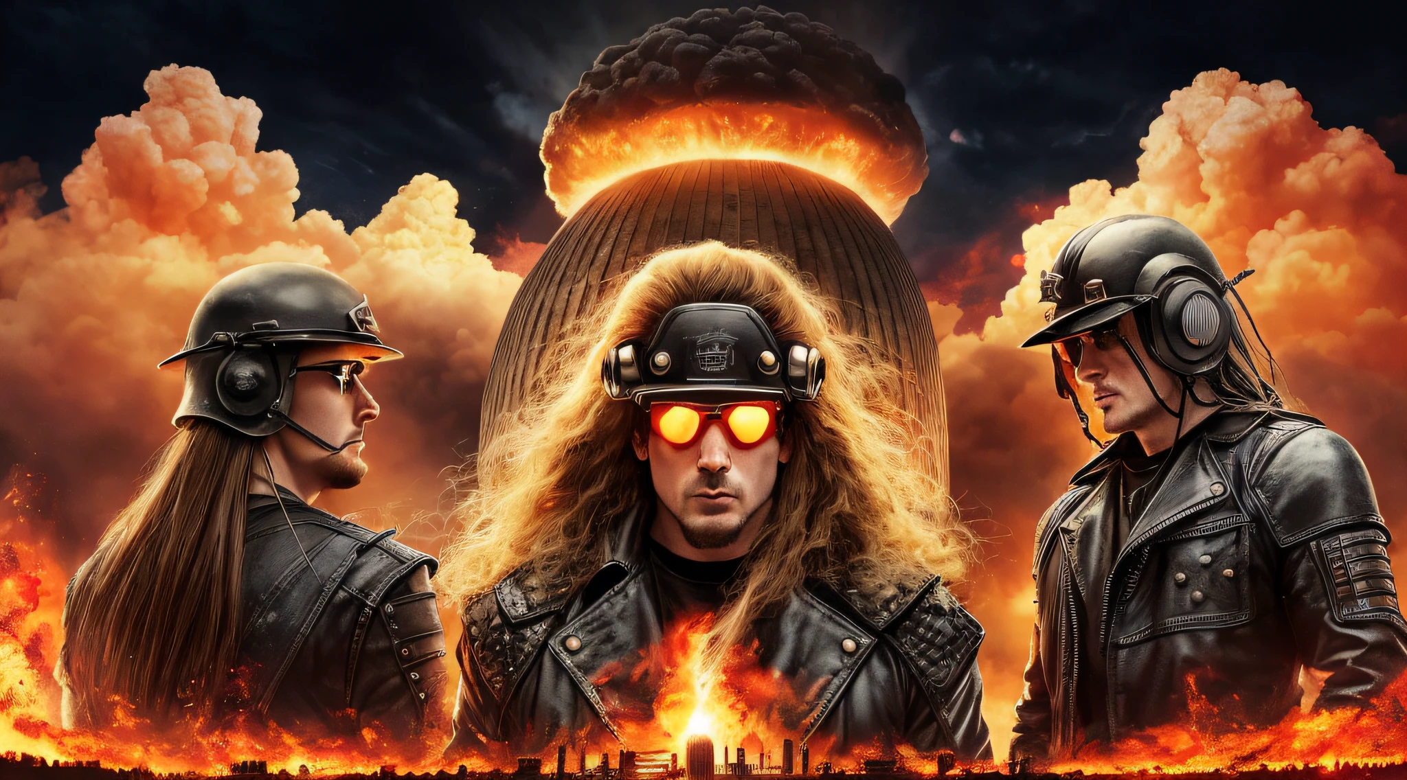 3 boys in leather clothes standing in front of a big explosion, close up, portrait style, hellish, LIGHTNING, Heavy metal promo band, Thrash metal, Heavy Rock promo band photo, Arch Enemy, Burning in Hell, New Wave of British Heavy Metal, Long Blonde Flaming Hair, Heavy Metal The Movie, Destruction, Slayer, 2 0 0 6 Advertising Promo Shot, Proto - Metal Band Promo, Megadeth, death metal, Nuclear explosion over a city with a big mushroom cloud, nuclear bomb explosion, nuclear bomb explosion, nuclear explosion, nuclear mushroom cloud, nuclear attack, nuclear apocalypse, mushroom cloud on the horizon, huge nuclear mushroom cloud, nuclear explosion background, nuclear cloud, nuclear bomb, nuclear explosion on the horizon, Nuclear explosions paint the sky, nuclear war, mushroom cloud in the background