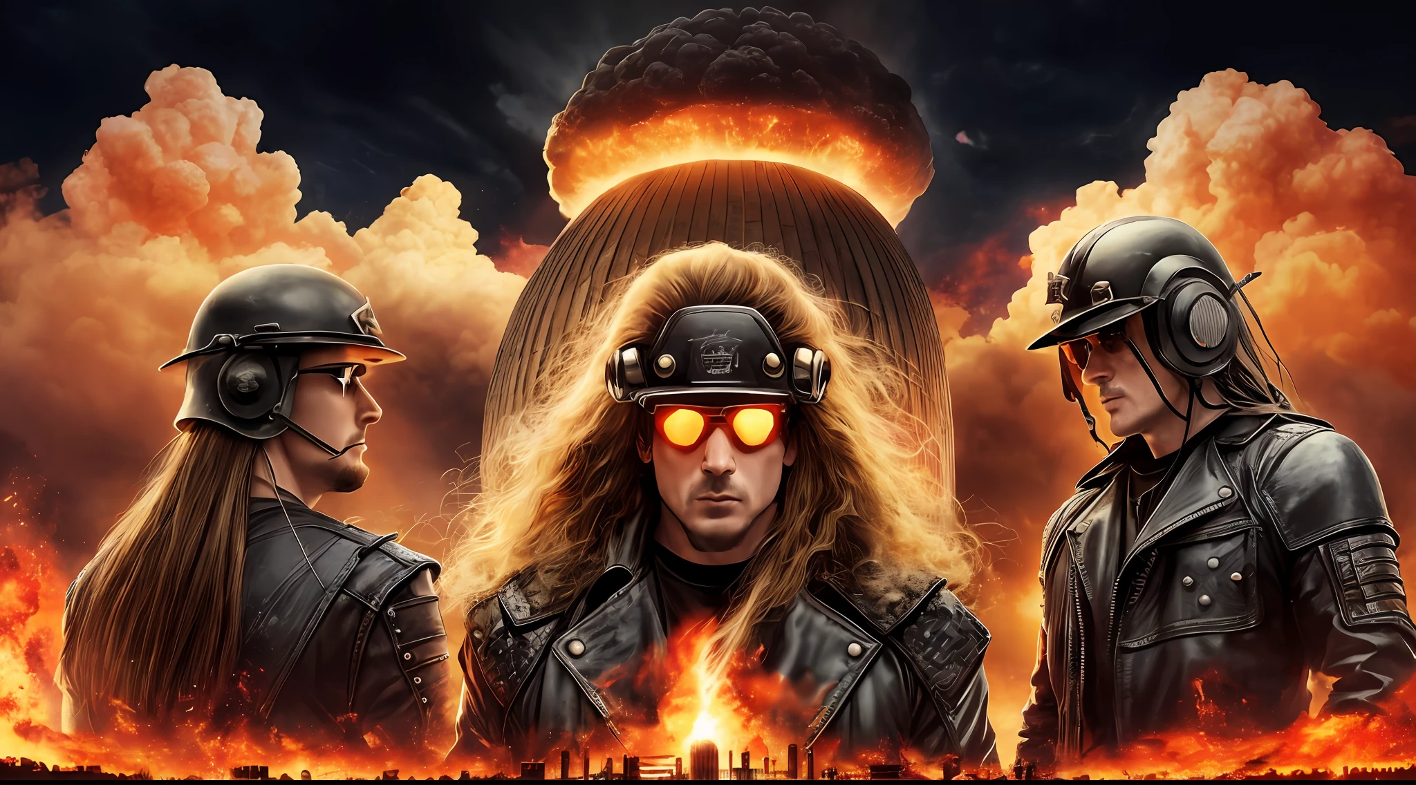 3 boys in leather clothes standing in front of a big explosion, close up, portrait style, hellish, LIGHTNING, Heavy metal promo band, Thrash metal, Heavy Rock promo band photo, Arch Enemy, Burning in Hell, New Wave of British Heavy Metal, Long Blonde Flaming Hair, Heavy Metal The Movie, Destruction, Slayer, 2 0 0 6 Advertising Promo Shot,  Proto - Metal Band Promo, Megadeth, death metal, Nuclear explosion over a city with a big mushroom cloud, nuclear bomb explosion, nuclear bomb explosion, nuclear explosion, nuclear mushroom cloud, nuclear attack, nuclear apocalypse, mushroom cloud on the horizon, huge nuclear mushroom cloud, nuclear explosion background, nuclear cloud, nuclear bomb, nuclear explosion on the horizon,  Nuclear explosions paint the sky, nuclear war, mushroom cloud in the background