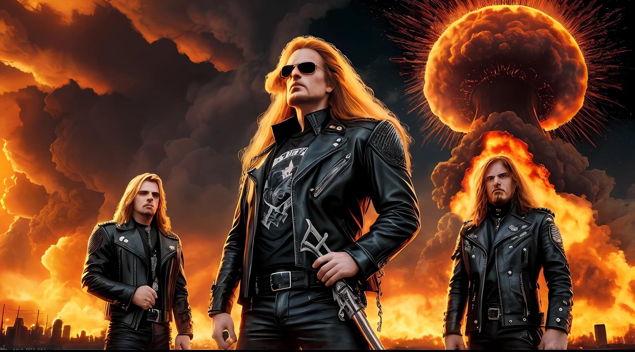 3 boys in leather clothes standing in front of a big explosion, close up, portrait style, hellish, LIGHTNING, Heavy metal promo band, Thrash metal, Heavy Rock promo band photo, Arch Enemy, Burning in Hell, New Wave of British Heavy Metal, Long Blonde Flaming Hair, Heavy Metal The Movie, Destruction, Slayer, 2 0 0 6 Advertising Promo Shot, Proto - Metal Band Promo, Megadeth, death metal, Nuclear explosion over a city with a big mushroom cloud, nuclear bomb explosion, nuclear bomb explosion, nuclear explosion, nuclear mushroom cloud, nuclear attack, nuclear apocalypse, mushroom cloud on the horizon, huge nuclear mushroom cloud, nuclear explosion background, nuclear cloud, nuclear bomb, nuclear explosion on the horizon, Nuclear explosions paint the sky, nuclear war, mushroom cloud in the background