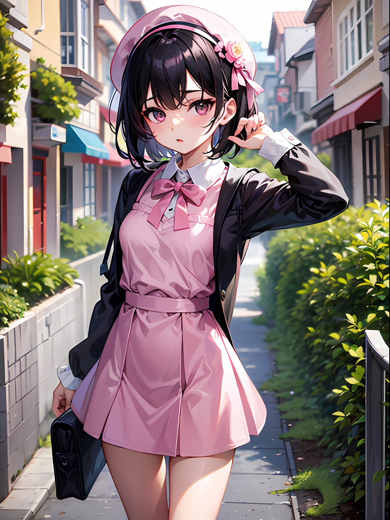 Short black hair, pink one-piece miniskirt, white collar, , small breasts, outdoors