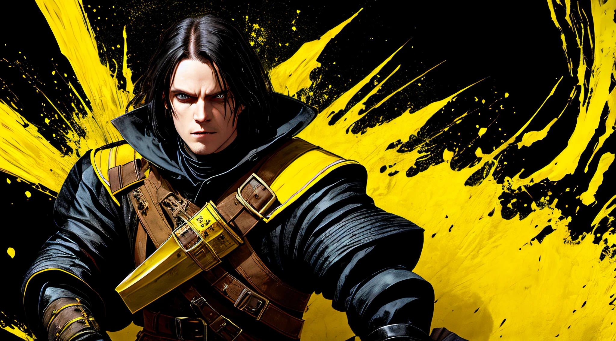 yellow and black, a medieval rogue man, medieval clothes, with a dagger, in the style of Mork Borg, strong contrast, grunge dirty punk splash art, black metal zine