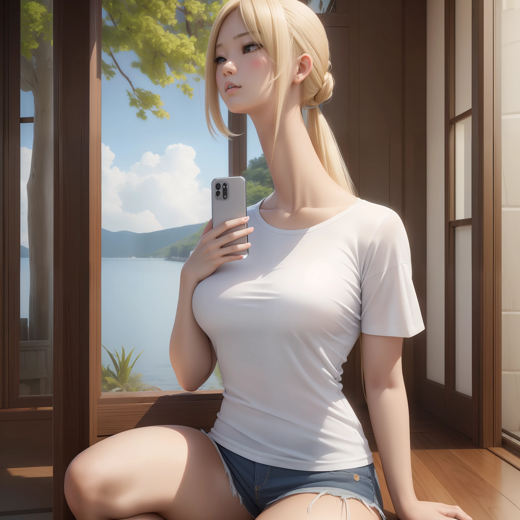 (ultra realistic, highly detailed:1.4), best quality, masterpiece, asian girl, blonde hair, casual clothes, (looking at phone:1.2), (longneck:1.2)