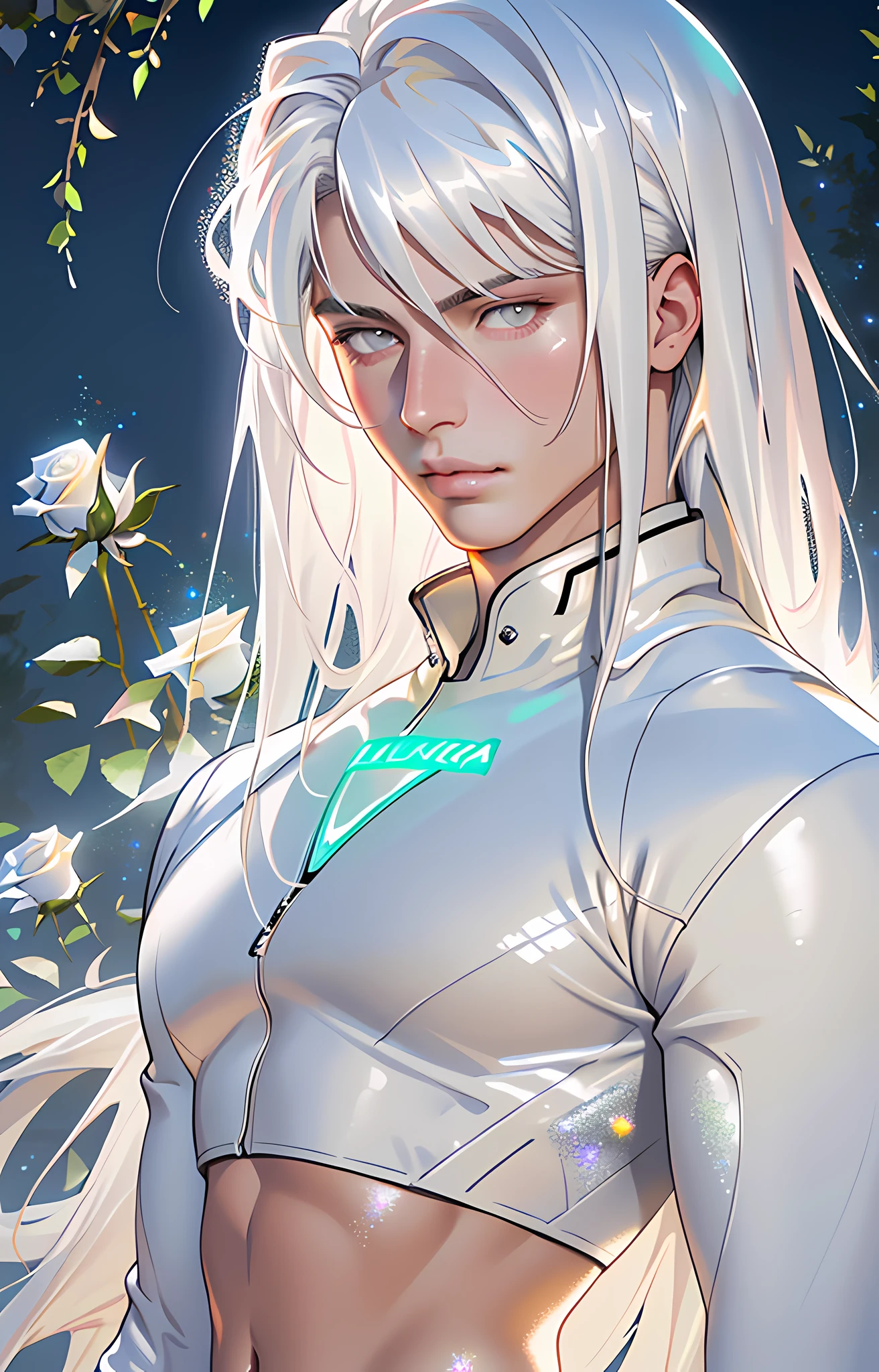 masterpiece, highest quality, (perfect face:1.1), (high detail:1.1), angel with long voluminous white hair, soft hair, neon white eyes, solo ,1guy, long hair, white luxury suit, Rose Garden detailed background, realistic, covered navel, pouty lips, curvy guy, perfectly drawn face, cinematic lighting, balenciaga, glitter