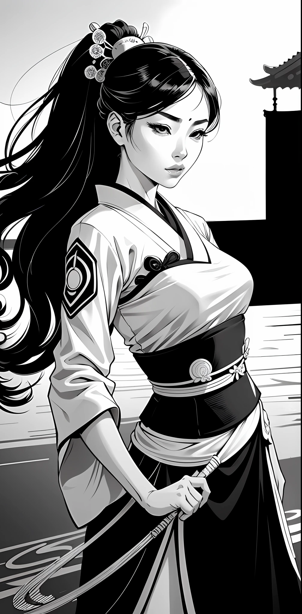 (comic style), (line art:1.5), (1girl:1.3), ((black and white)), hanfu, geisha, ((zen)), (masterpiece, top quality, best quality), extreme detailed background, good composition, good anatomy, perfect lighting, good shading, zen calligraphy, (realistic:1.3),