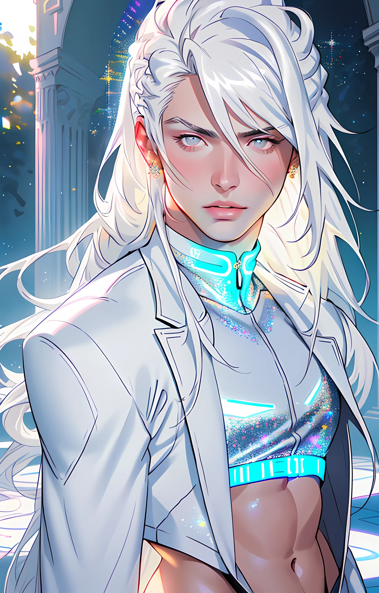 masterpiece, highest quality, (perfect face:1.1), (high detail:1.1), angel with long voluminous white hair, soft hair, neon white eyes, solo ,1guy, long hair, white luxury suit, Rose Garden detailed background, realistic, covered navel, pouty lips, curvy guy, perfectly drawn face, cinematic lighting, balenciaga, glitter