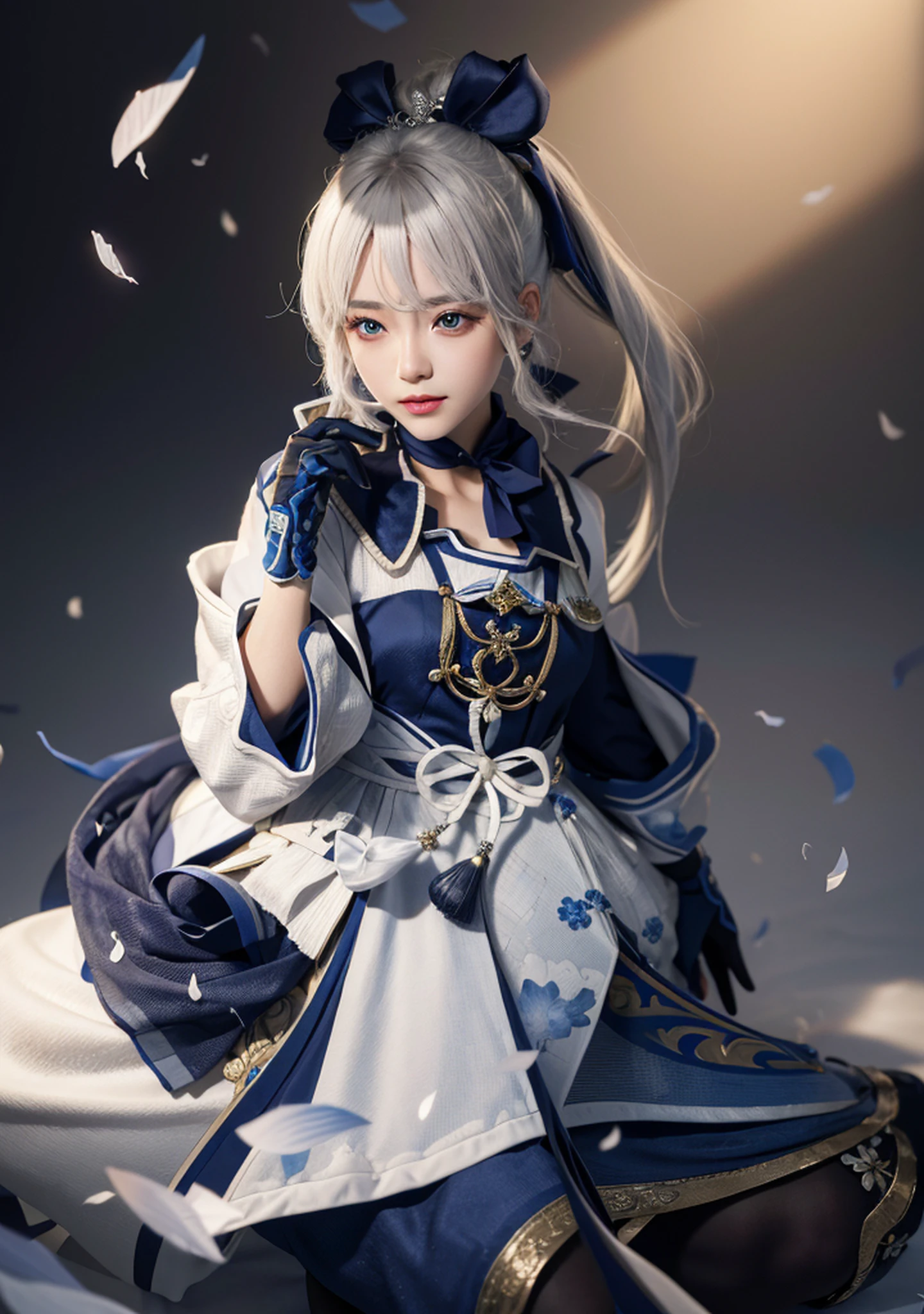 (Realistic: 1.4), (Masterpiece, Side Light, Fine Beautiful Eyes: 1.2), Masterpiece* Portrait, Realism, 3D Face, Genshin, 1 Girl, Ultra Detailed, White Hair, White Hair