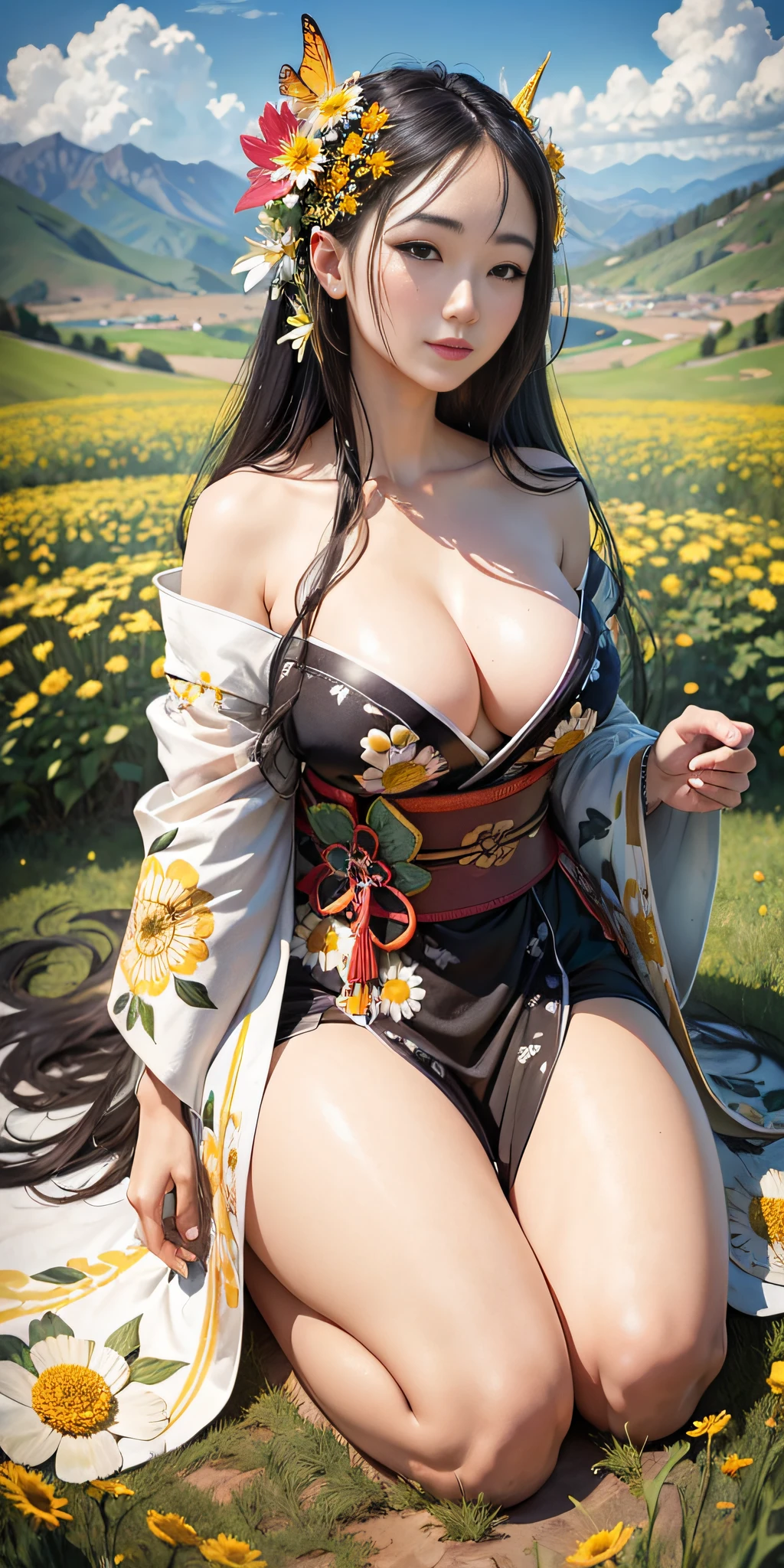((hyperrealistic, photorealistic, 8k, intricate details)) In an open field on a blue sky day with sparse white clouds, a geisha with flowing black hair, full , fleshy lips, silky (moist), yummy skin, wearing a sensual white kimono with ornate flowers, smiles, and is kneeling among the flowers on a flowery hill of open field. Around it, there are flowers of varying colors and types, including yellow daisies, red roses, and white lilies. Colorful butterf and hummingbirds fly around her. Behind it, there is an immense field of flowers that stretches across the distant hills and extends to the distant mountains on the horizon. At the top of the mountains, a rainbow shines in the sky."
