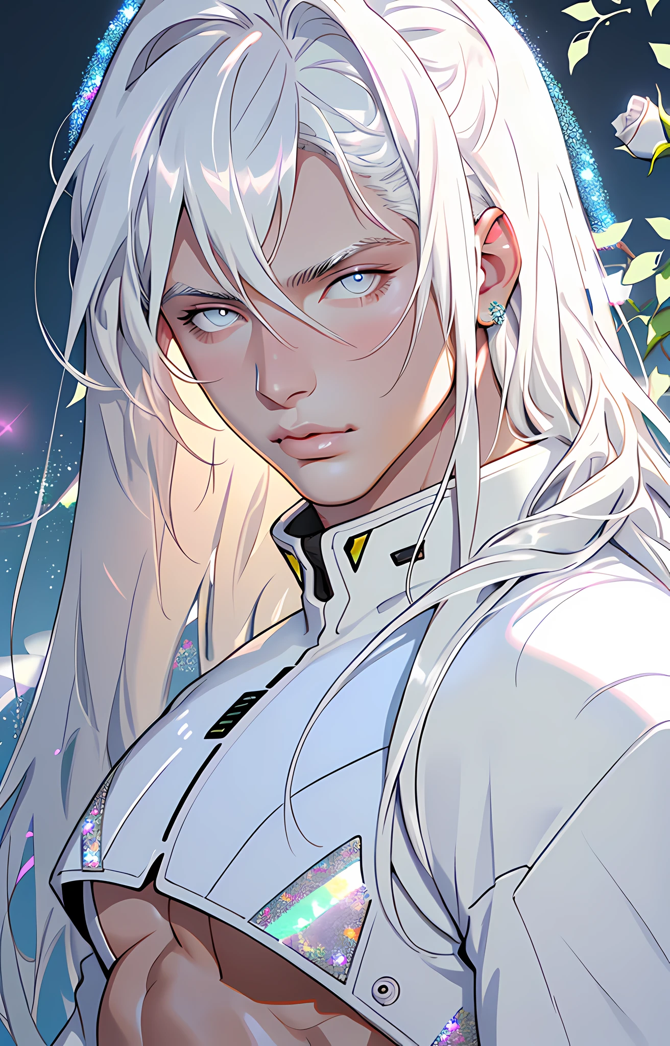 masterpiece, highest quality, (perfect face:1.1), (high detail:1.1), angel with long voluminous white hair, soft hair, neon white eyes, solo ,1guy, long hair, white luxury suit, Rose Garden detailed background, realistic, covered navel, pouty lips, curvy guy, perfectly drawn face, cinematic lighting, balenciaga, glitter