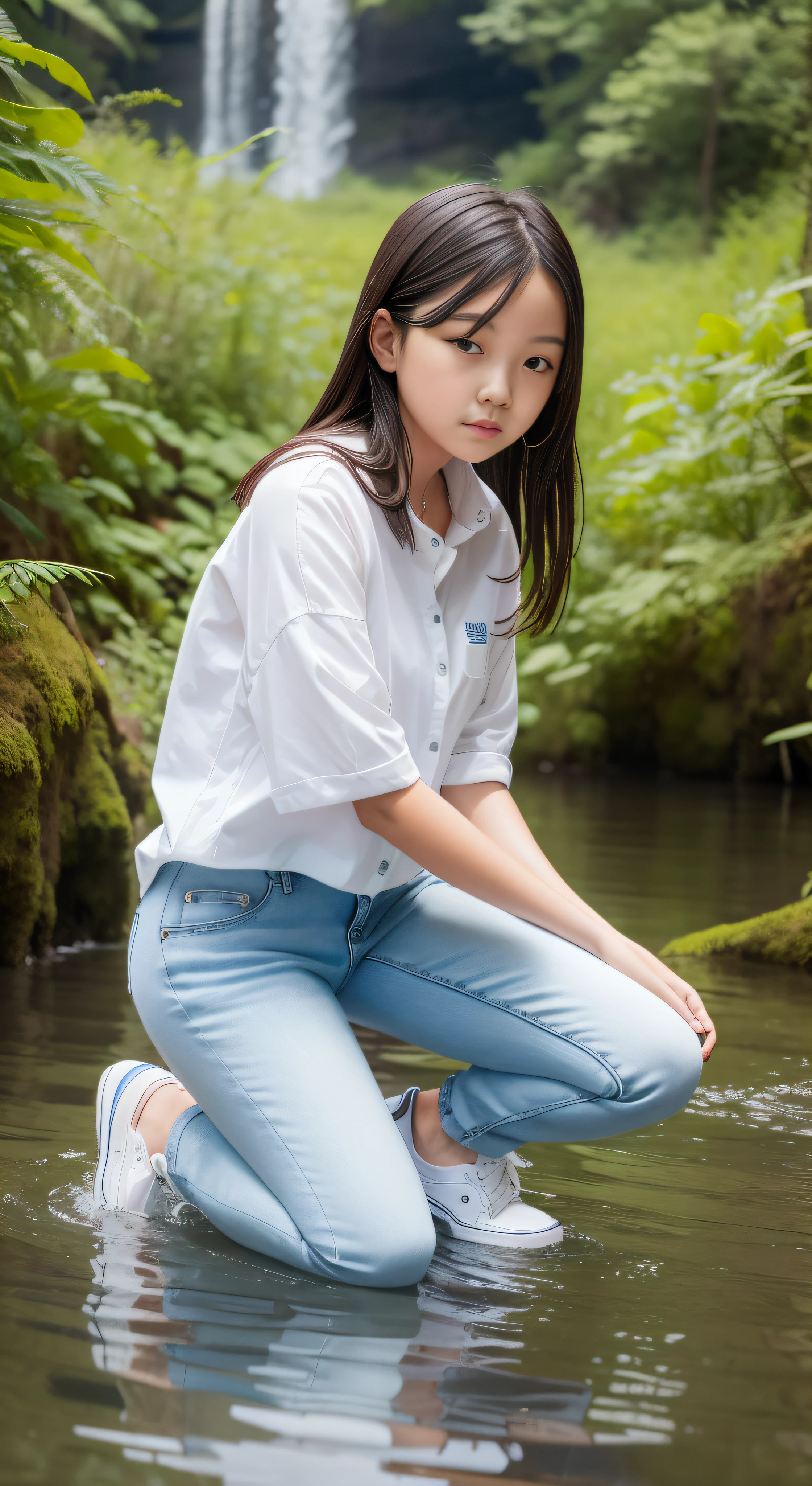 A girl wearing a soaked white shirt jeans, sneakers, kneeling in the water with the forest in the background, water around it, front