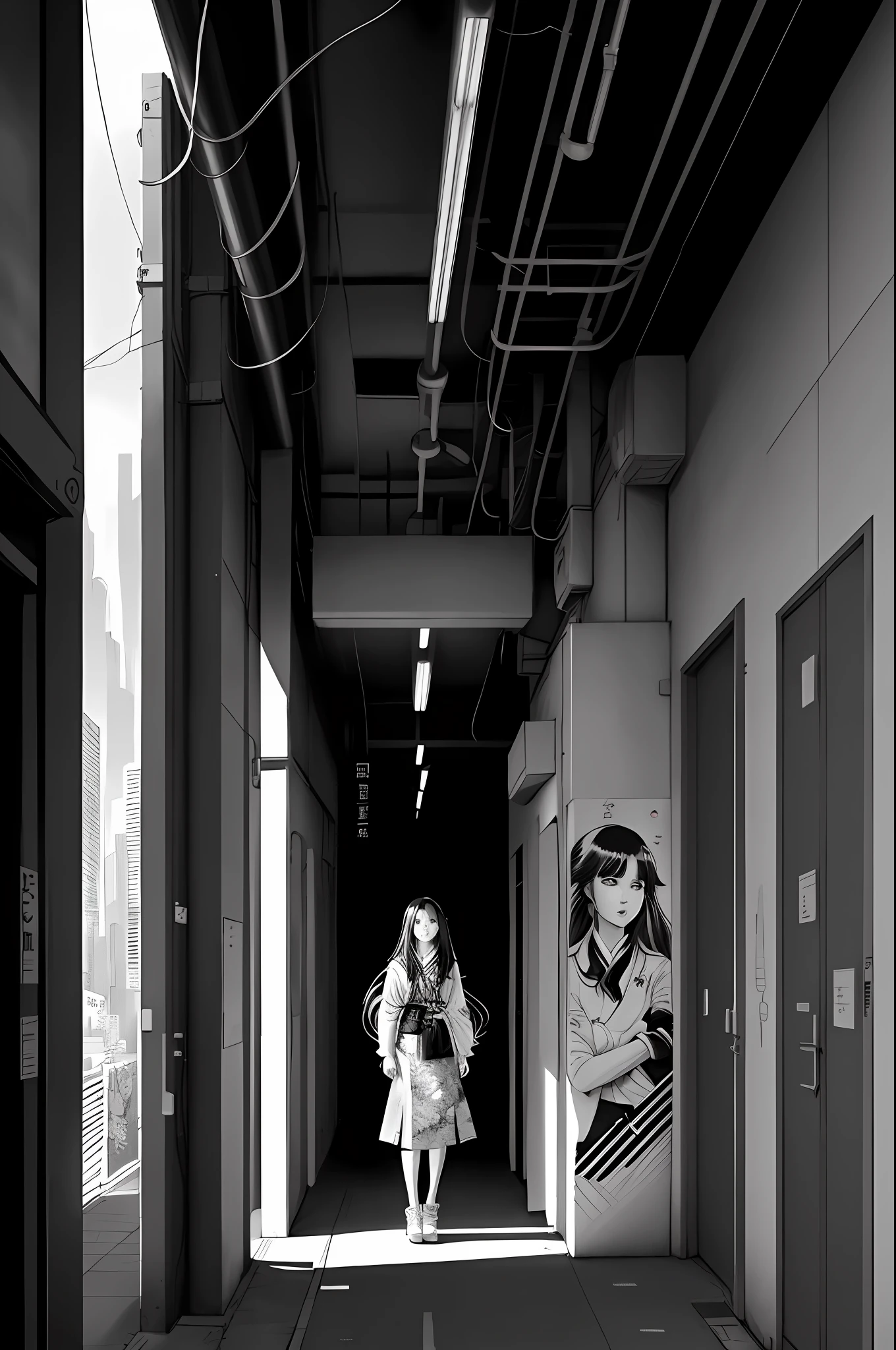 B/W Comic Lineart, Drawing of Long-Haired Woman Standing in Front of a Tall Building, Manga Drawing by Jinnong, Social Pop, Street Art, Shohei Otomo, Urban Girl Fanart, Pencil and Ink Manga Drawing, Satoshi Art Style, Beautiful Art Illustration, Official Illustration, Graphic Novel Art, Ishida Mizu Art Manga