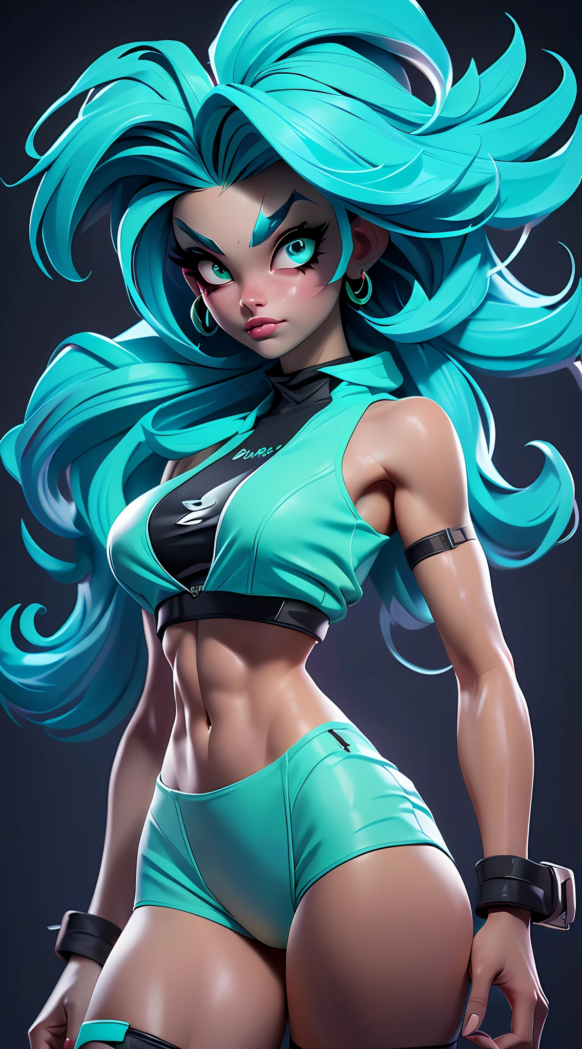 ((Best Quality)), ((Masterpiece)), ((Realistic)) and ultra-detailed photography of a 1nerdy girl with goth and neon colors. She has ((turquoise hair)), wears a small skimpy black bikini thong , ((beautiful and aesthetic)), muscular fit body abs, sexy, under-boobs, hot