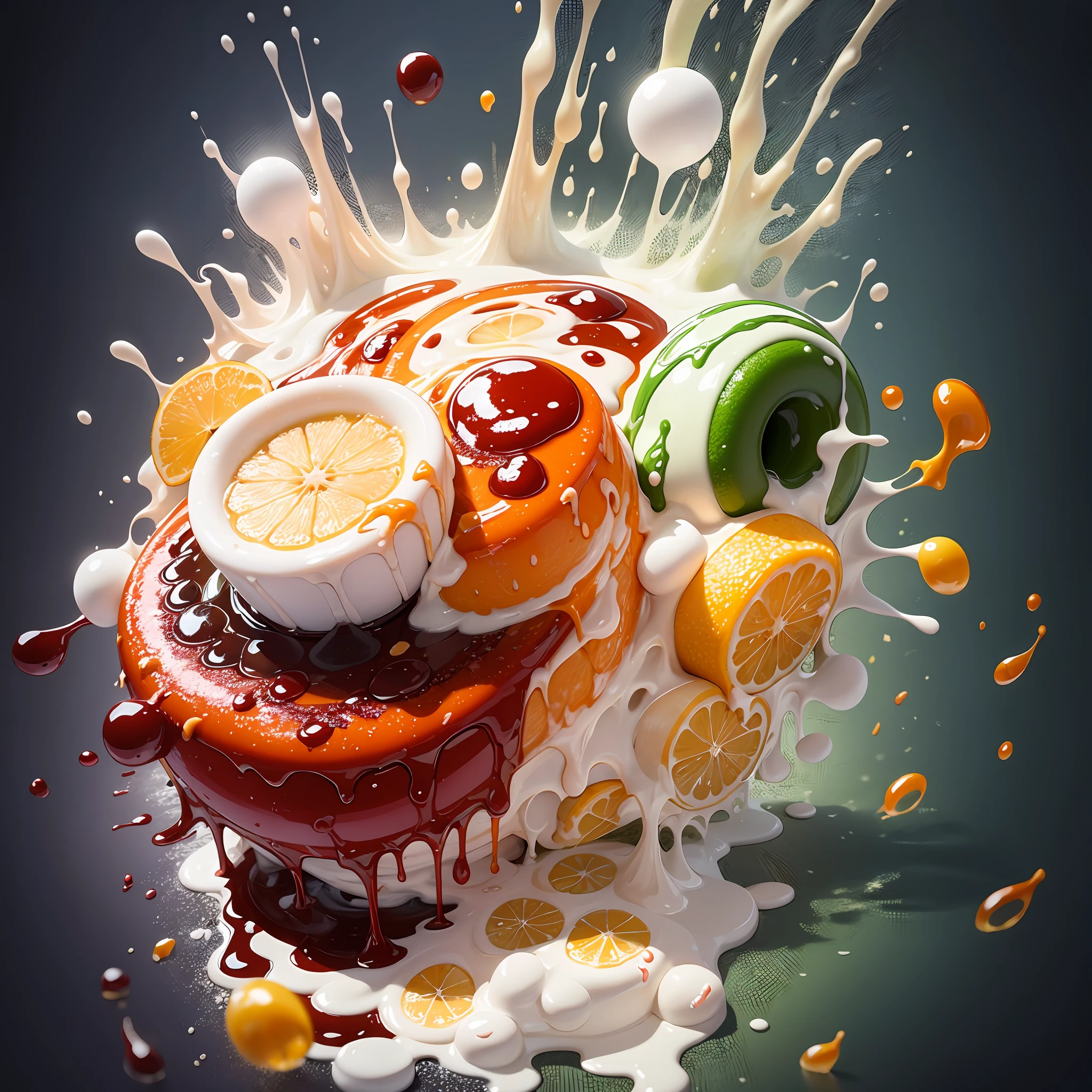 splash photography, Explore the chaos and beauty of food splashes, capturing the moment when ingredients collide or liquids splash in the cooking process, hyper realistic, highly detailed, 8k resolution --auto --s2