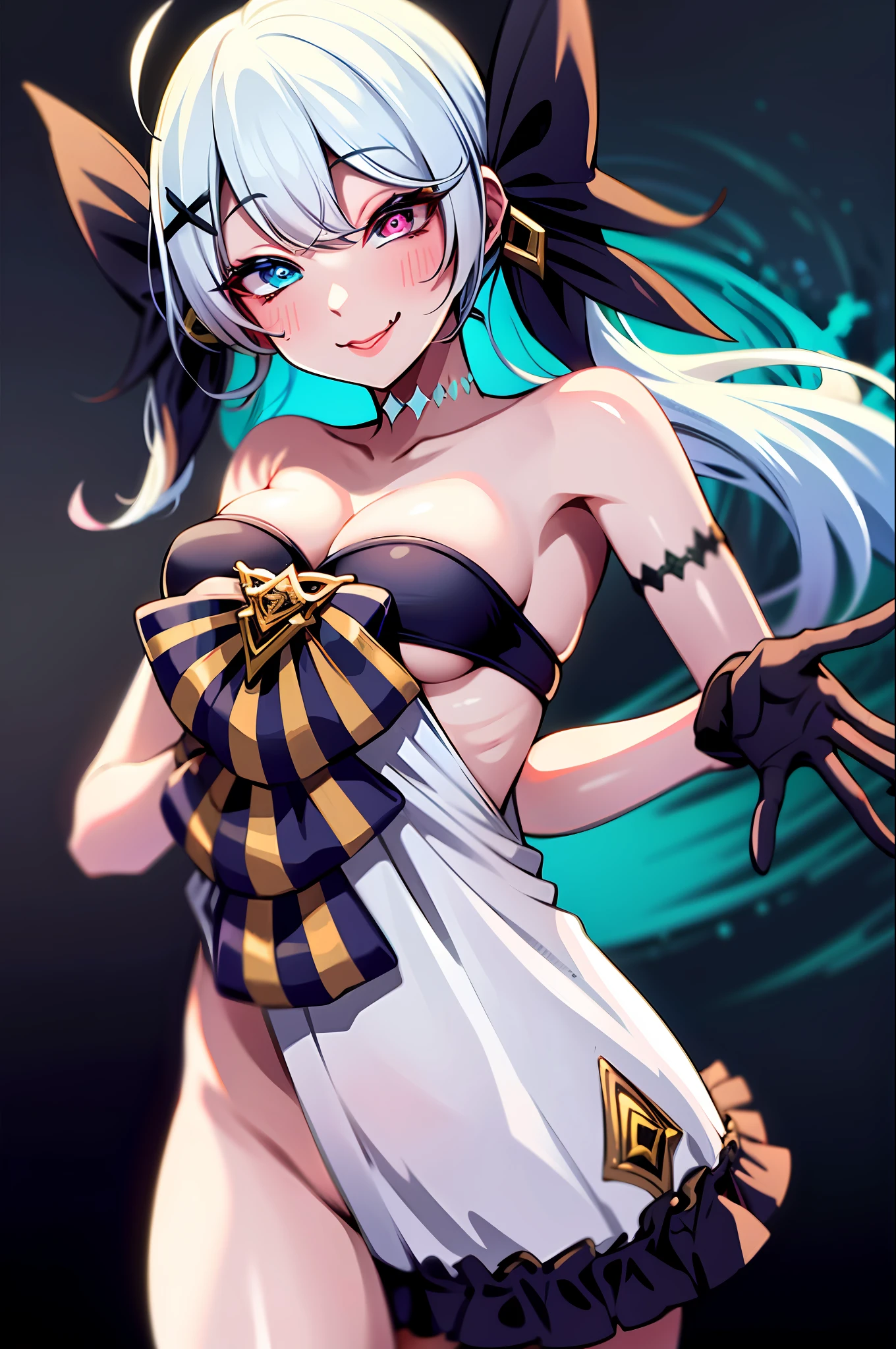 1girl, black bow, black gloves, black legwear, blue eyes, blue hair, bow, collarbone, drill hair,gloves, gwen\(league of legends\), hair ornament, highres, league of legends, long hair, split lips, swollen sleeves, pink pupils, smile, solo, x, x hair ornament, large breasts, indoors, half_naked, (((ahegao))), (((micro bikini))), naughty look, naughty smile,