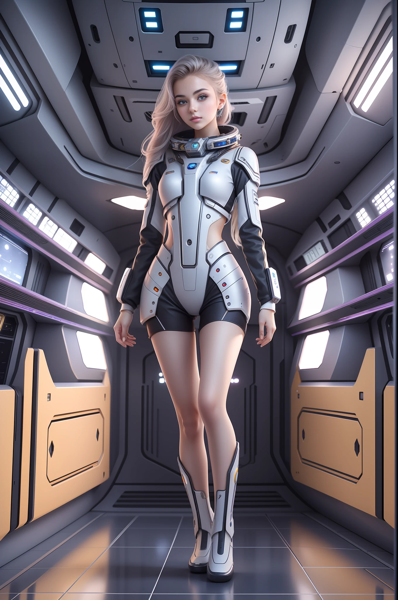1 cute and beautiful girl, 20 years old, standing in a huge spaceship, full of technology and futuristic inside, open vision, smooth lines, inspired by the movie space traveler, seductive appearance, ultra HD, sexy long legs