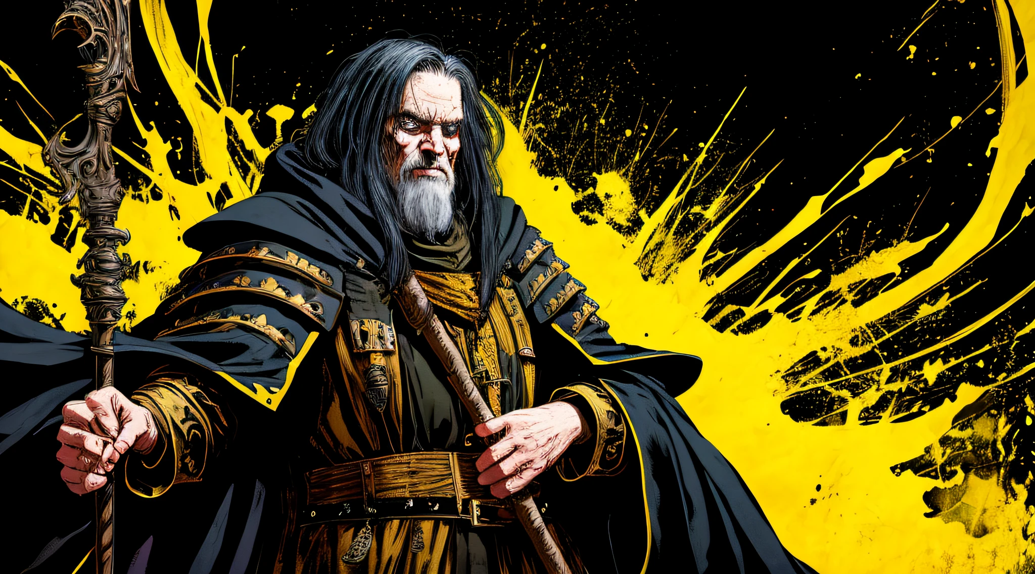 yellow and black, a medieval old man, dark sorcerer, medieval armor robes, with a staff, in the style of Mork Borg, strong contrast, grunge dirty punk splash art, black metal zine