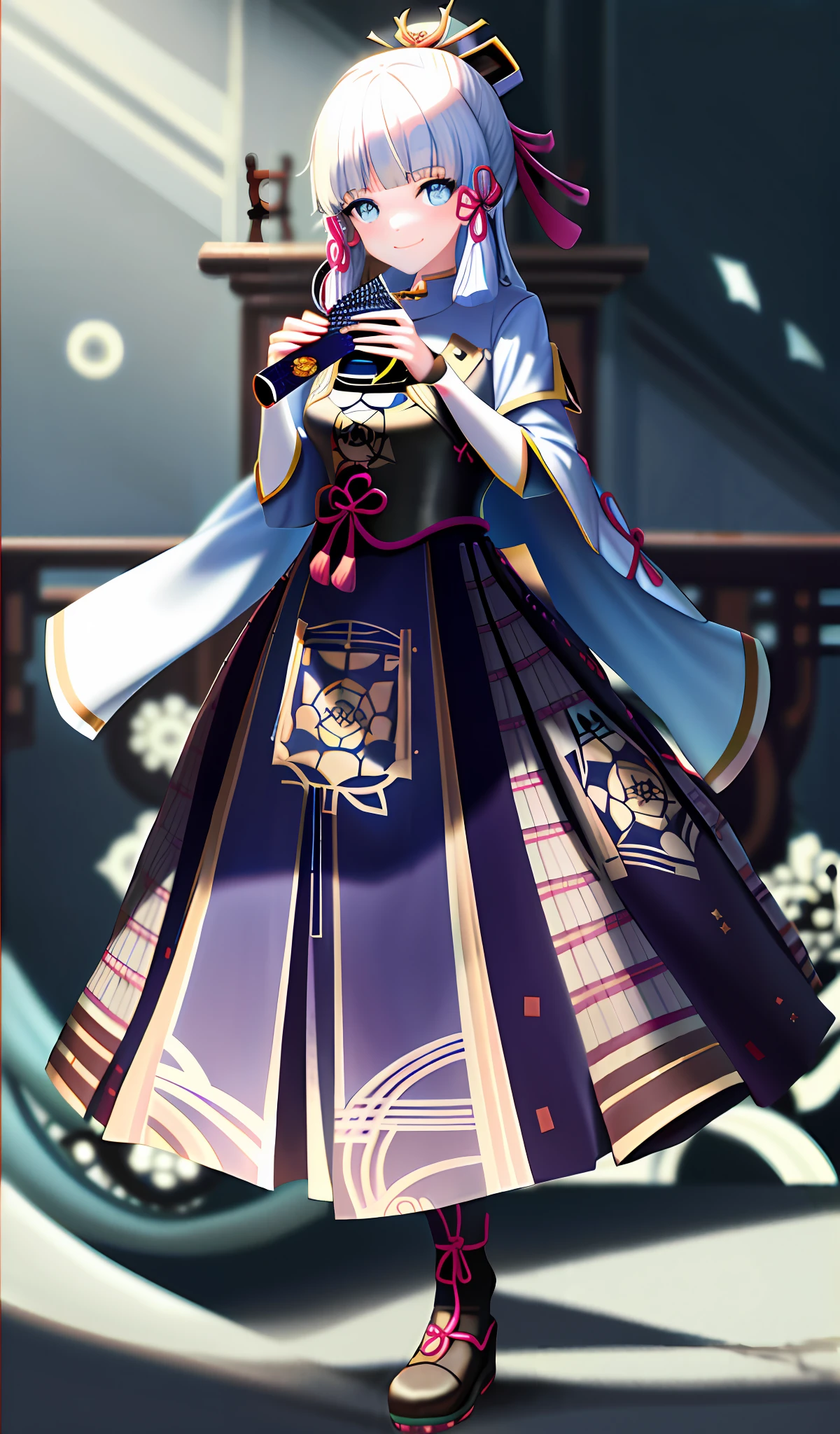 Masterpiece, Hi-Res, Best Quality, 1 Girl Solo, kamisato_ayaka,, Watch the Beholder, Light smile, Hide your mouth with a fan.