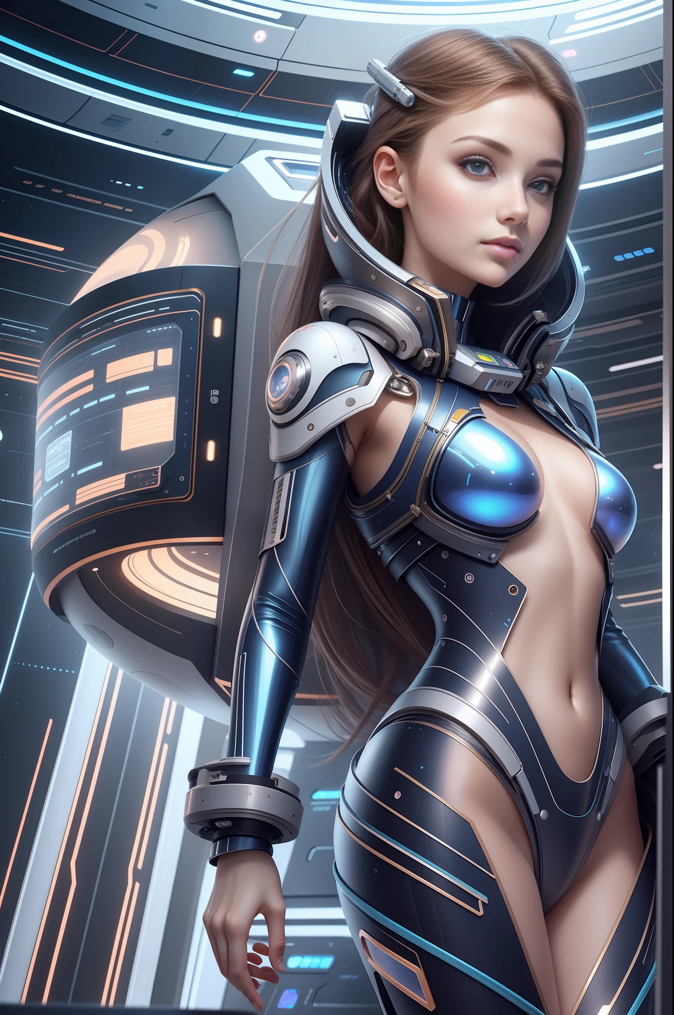 1 cute and beautiful girl, 20 years old, standing in a huge spaceship, full of technology and futuristic inside, open vision, smooth lines, inspired by the movie space traveler, seductive appearance, ultra HD, sexy long legs