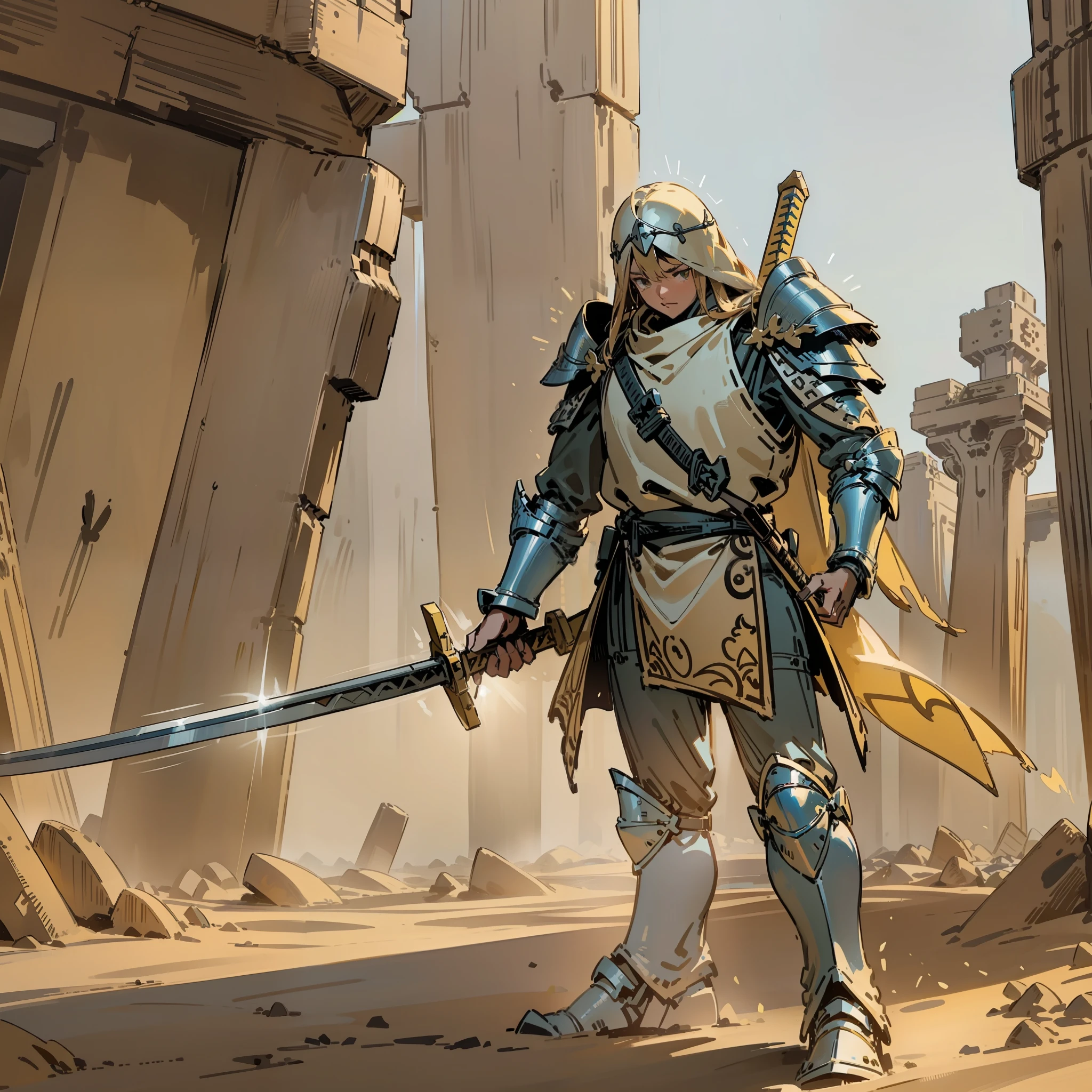 barracks, soldiers, training, (ancient), long hair, long sword, armor, flying sand, dusty dust, yellow, earth, wood obstacles, comics, ray tracing, 3d rendering, cartoon, cute style, outdoor details, 4K, HD, high quality