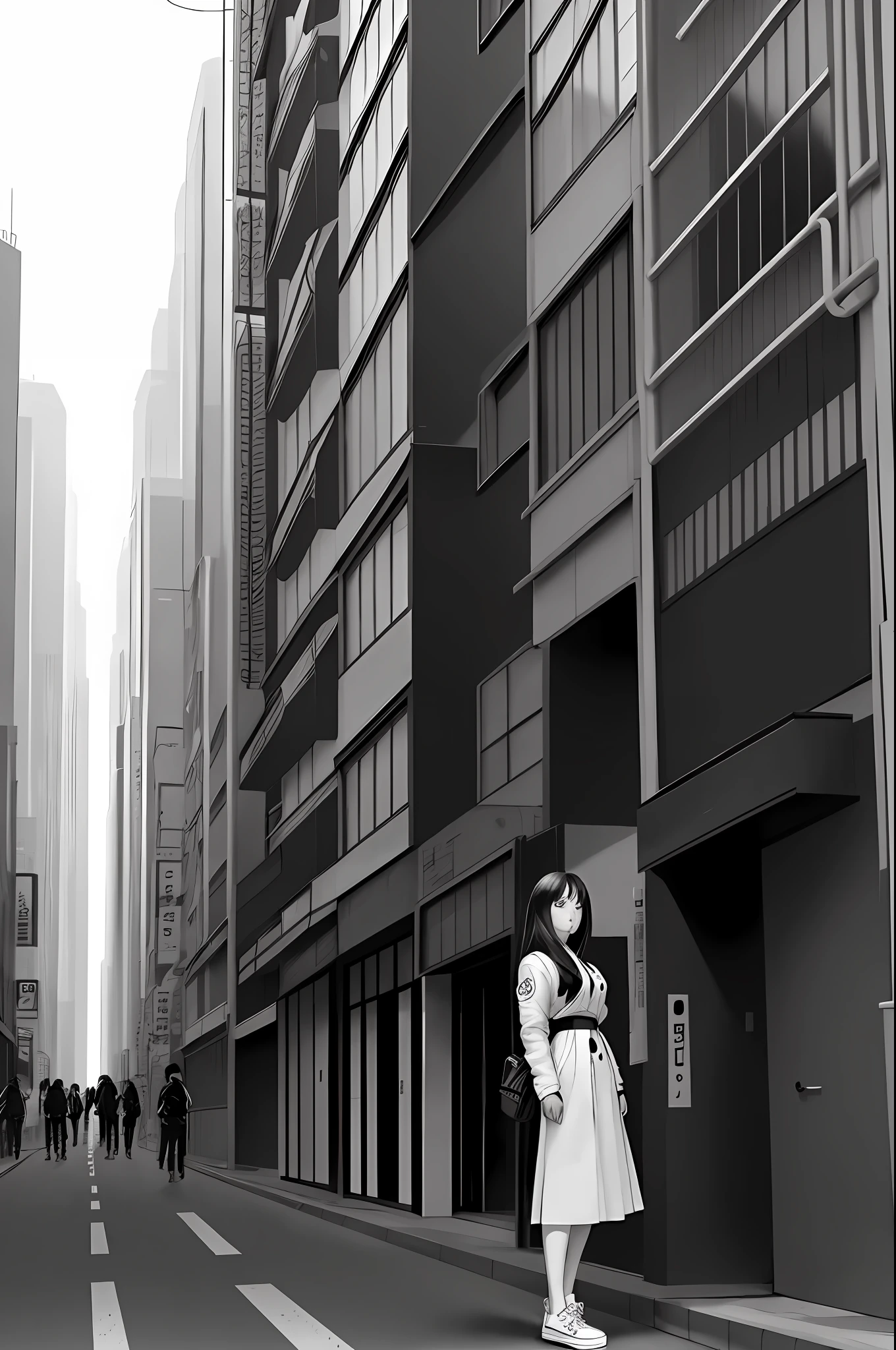 B/W Comic Lineart, Drawing of Long-Haired Woman Standing in Front of a Tall Building, Manga Drawing by Jinnong, Social Pop, Street Art, Shohei Otomo, Urban Girl Fanart, Pencil and Ink Manga Drawing, Satoshi Art Style, Beautiful Art Illustration, Official Illustration, Graphic Novel Art, Ishida Mizu Art Manga