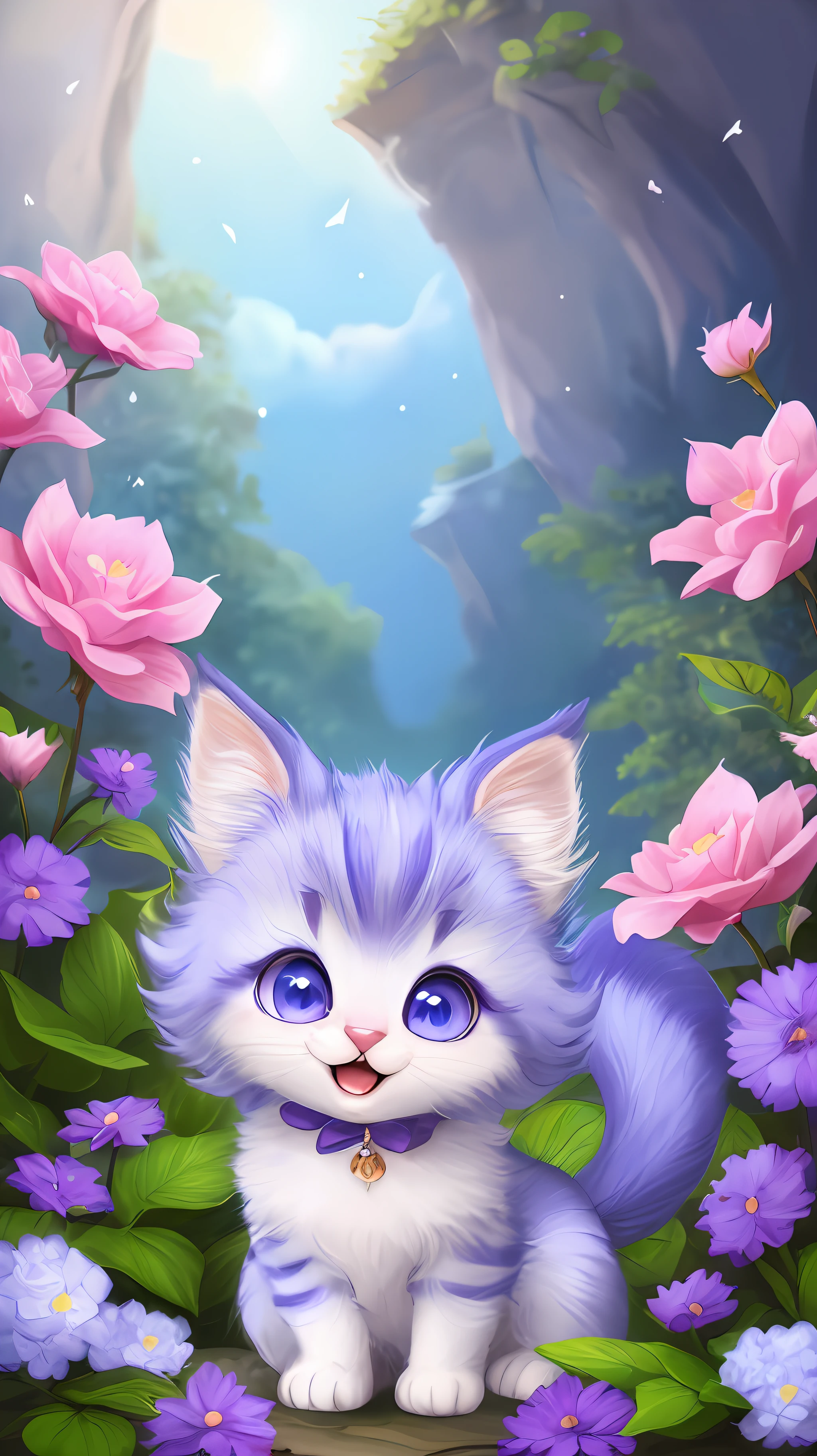 A kitten with a small tail, a small nose, small ears, blue eyes, purple background, flowers, vases, dreams, open mouth, smile, Caroline Chariot-Dayez pastels, tumblr, furry art, elokitty, Disney's Bambi, Disney's styled furry, ears floating, fluffy tail, fluffy '', fluffy !!!, high resolution, furry art!!! Small size