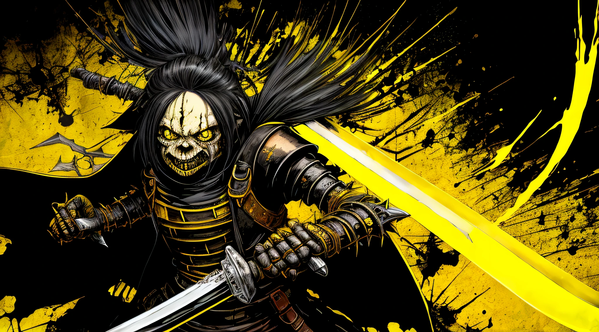 yellow and black, a medieval deformed goblin, with a sword, in the style of Mork Borg, strong contrast, grunge dirty punk splash art, black metal zine