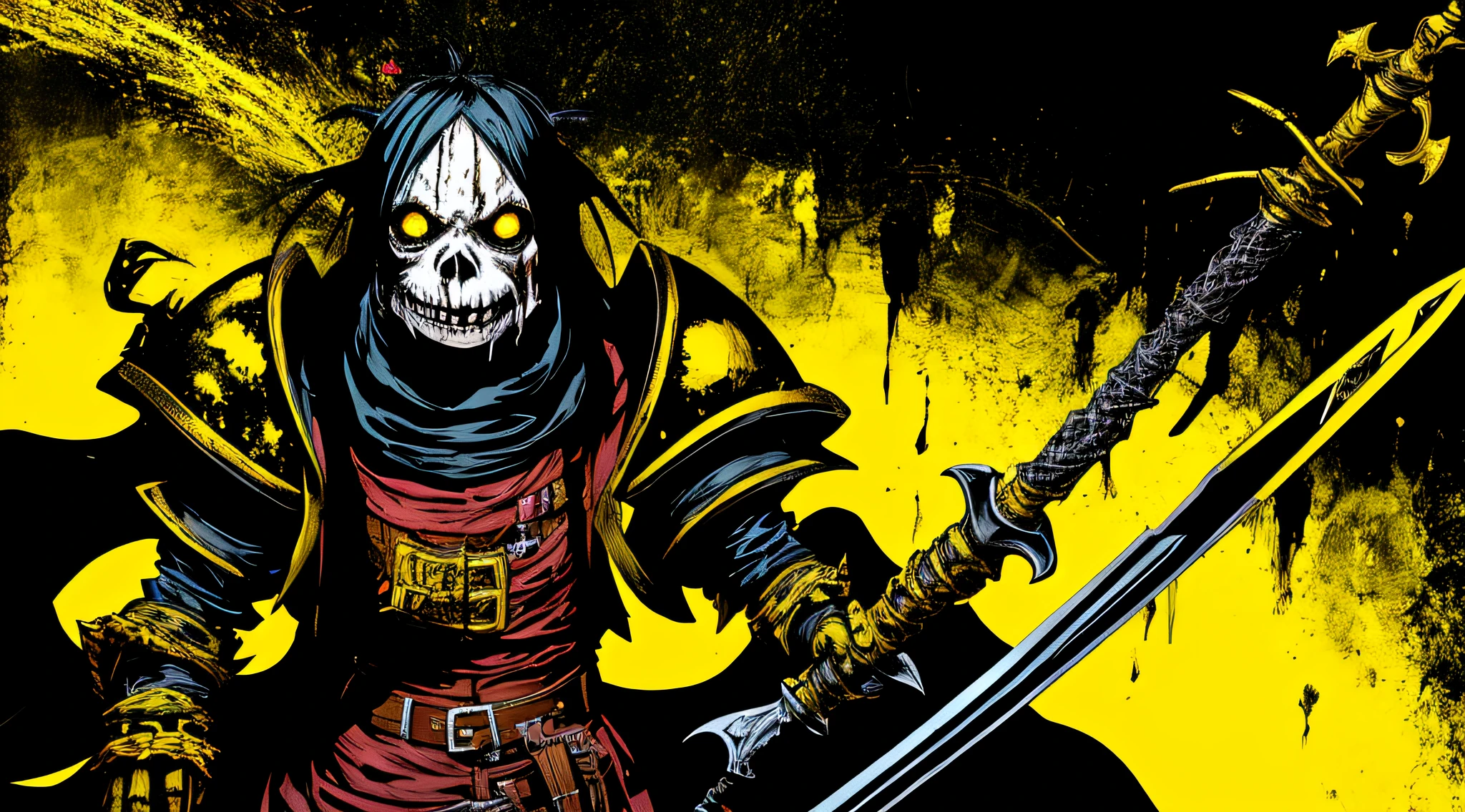 yellow and black, a medieval deformed goblin, with a sword, in the style of Mork Borg, strong contrast, grunge dirty punk splash art, black metal zine