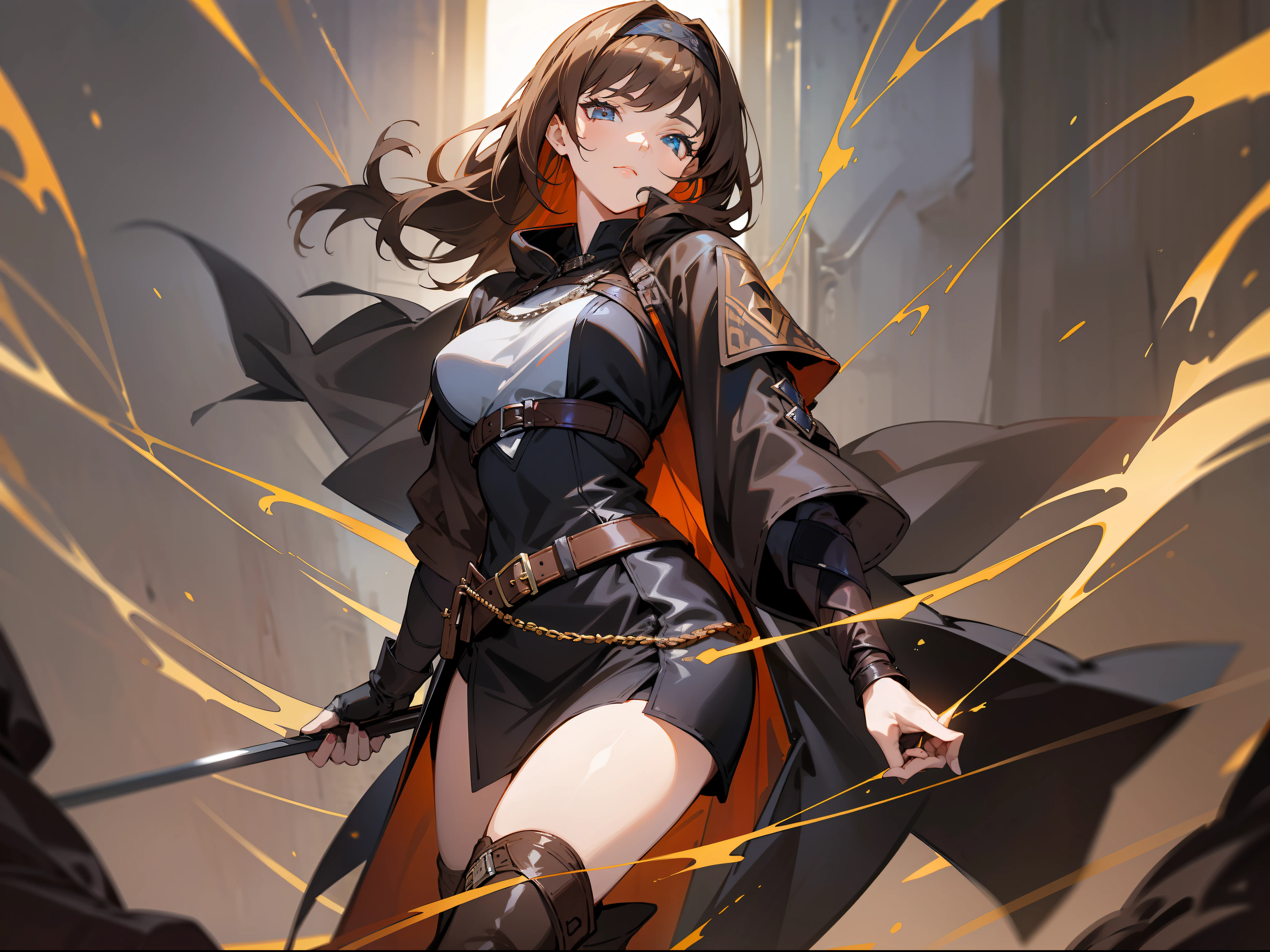 masterpiece, best quality, a mature woman, dark brown hair, hair band, light eyes, ladina, black clothing, black hood, leather armbands, belt, skirt, thigh-high height boots, costume, medieval, night, dynamic pose, beautiful detailed glow.