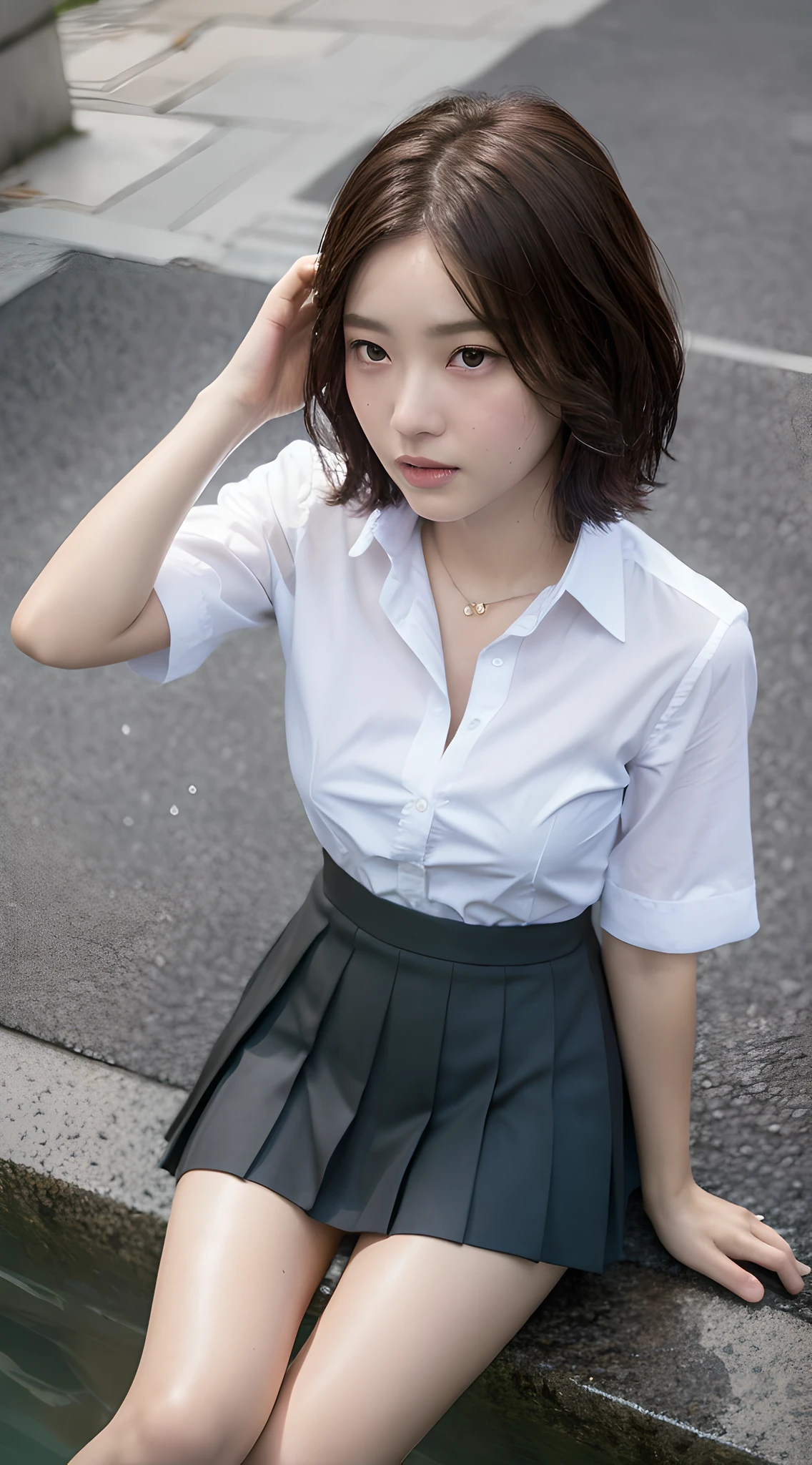 ((Top Quality, 8k, Masterpiece: 1.3)), Sharp Focus: 1.2, Beautiful Women in Perfect Style: 1.4, Slender Abs: 1.2, ((Dark Brown Hair, Small: 1.2)), (Natural Light, City Street: 1.1), Highly Detailed Face and Skin Texture, Detailed Eyes, Double Eyelids, Tight Shirt, Mini Skirt, Pleated Skirt, Girl Sitting, Watch Camera, angle from above, clothes that get wet, hair that gets wet, short hair,