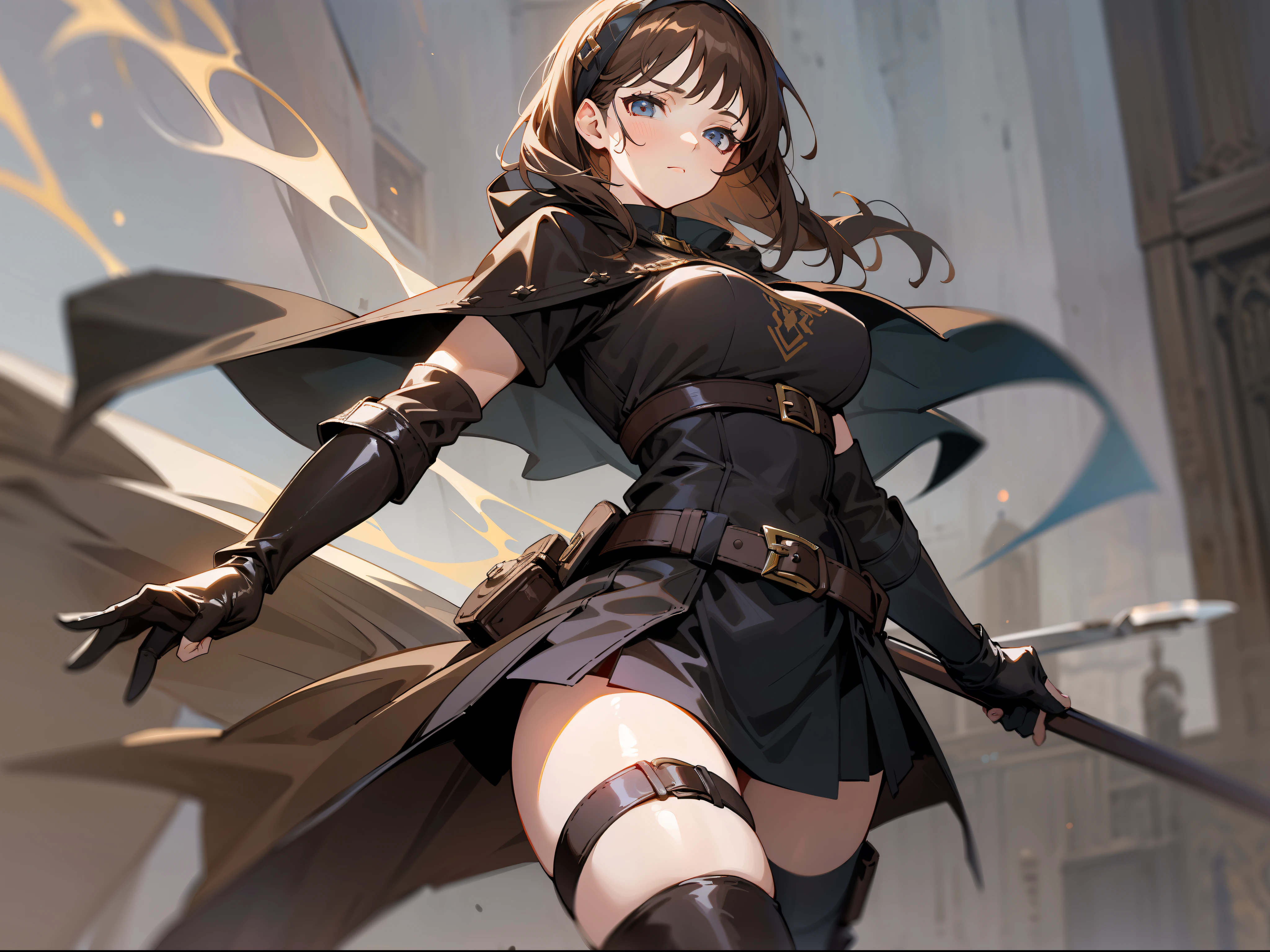 masterpiece, best quality, a mature woman, dark brown hair, hair band, light eyes, ladina, black clothing, black hood, leather armbands, belt, skirt, thigh-high height boots, costume, medieval, night, dynamic pose, beautiful detailed glow.