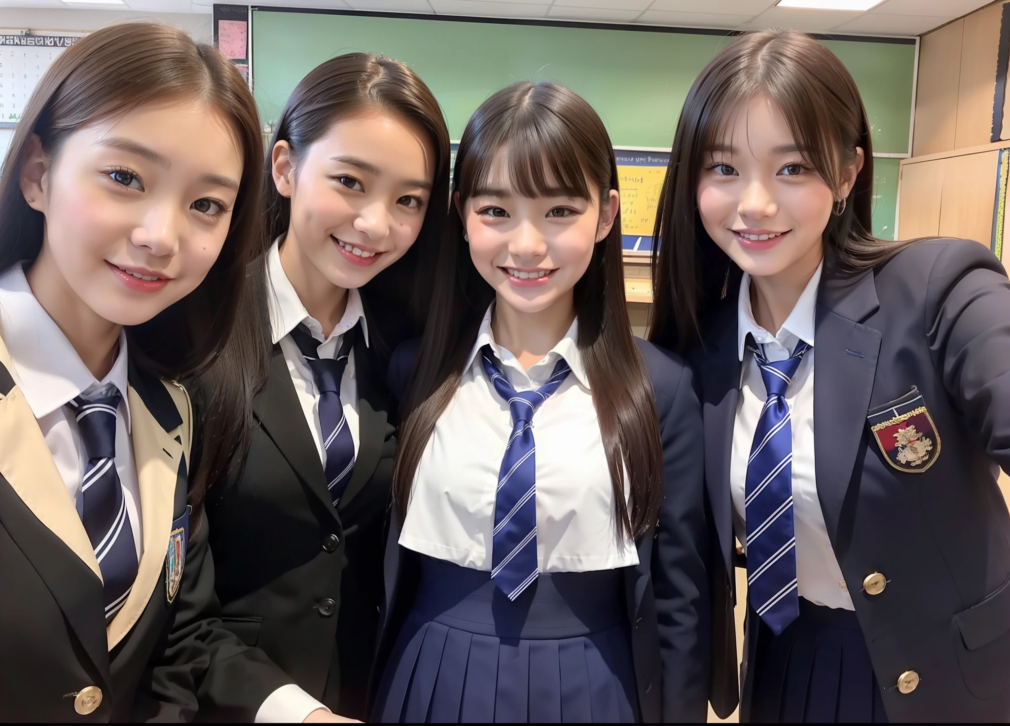 3 young women, oriental, idol, beauty, 13 years old, school uniform, classroom, smile