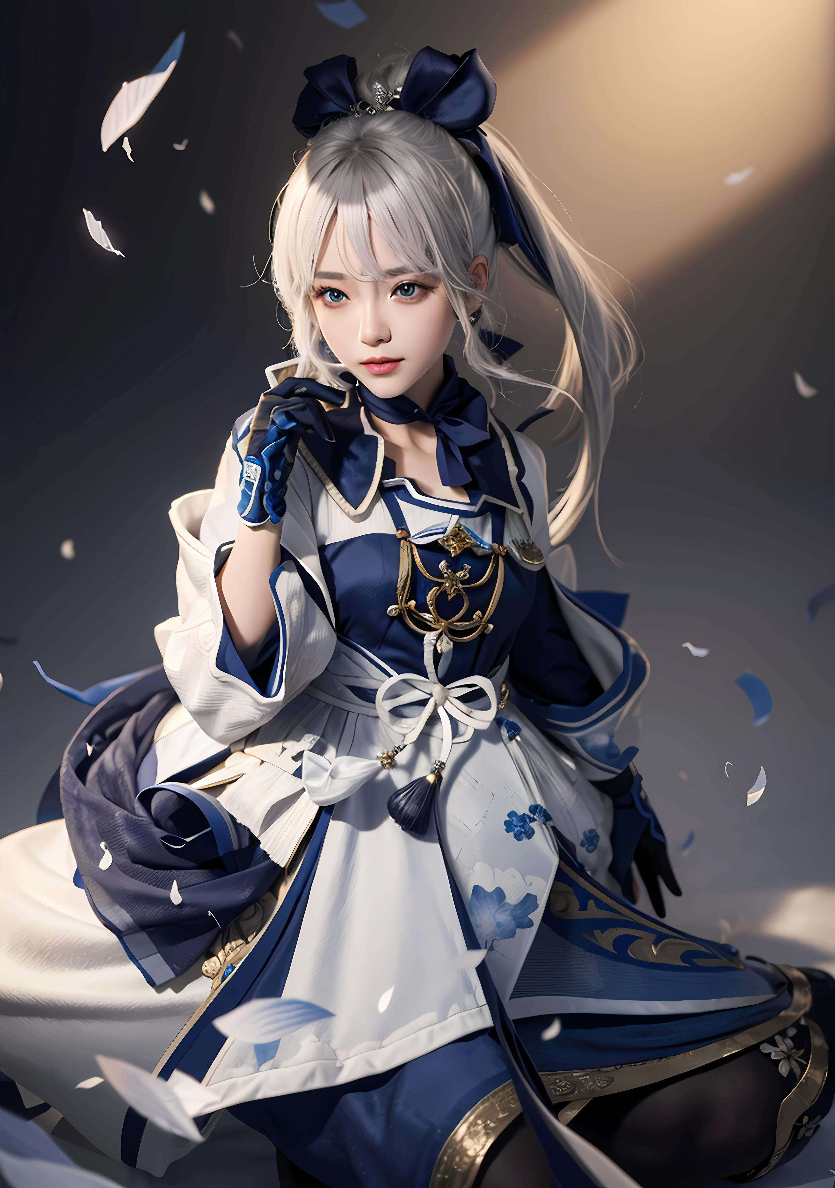 (Realistic: 1.4), (Masterpiece, Side Light, Fine Beautiful Eyes: 1.2), Masterpiece* Portrait, Realism, 3D Face, Genshin, 1 Girl, Ultra Detailed, White Hair, White Hair