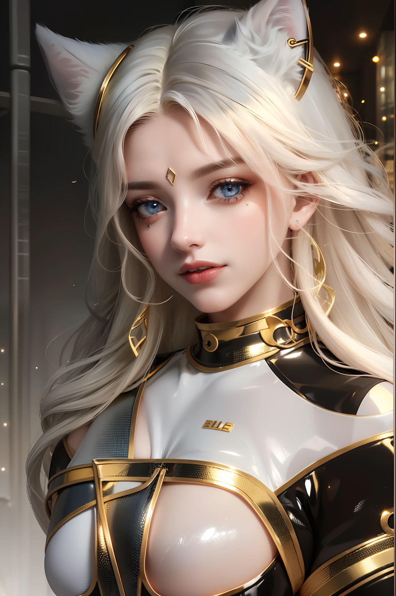 Woman with ,golden curly hair,Blue eyes,white fox ears,,in a black latex tracksuit