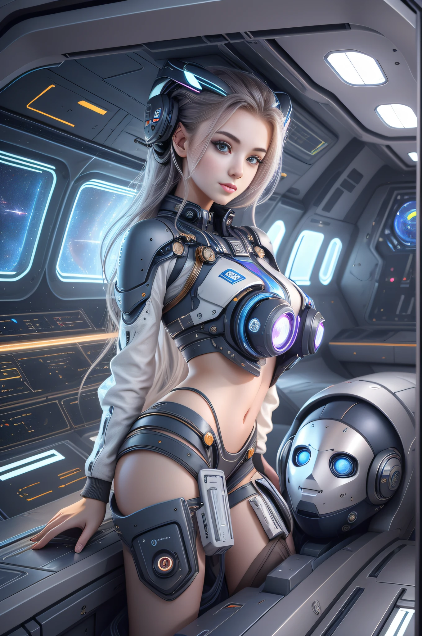 1 cute and beautiful girl, 20 years old, in a huge spaceship, full of technology and futuristic inside, open vision, smooth lines, inspired by the movie Space Traveler, seductive appearance, ultra HD, sexy long legs, no helmet