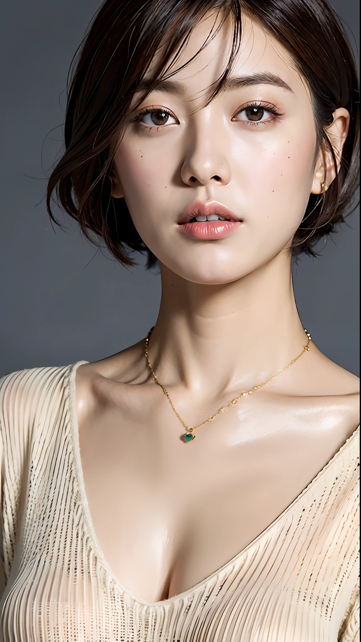 (Best quality, 8k, 32k, Masterpiece, UHD:1.2),Photo of Pretty Japanese woman, large breasts, very short bob hair,upper body,face focus,oversized_sweater, necklace, simple background, from above, looking at viewer,