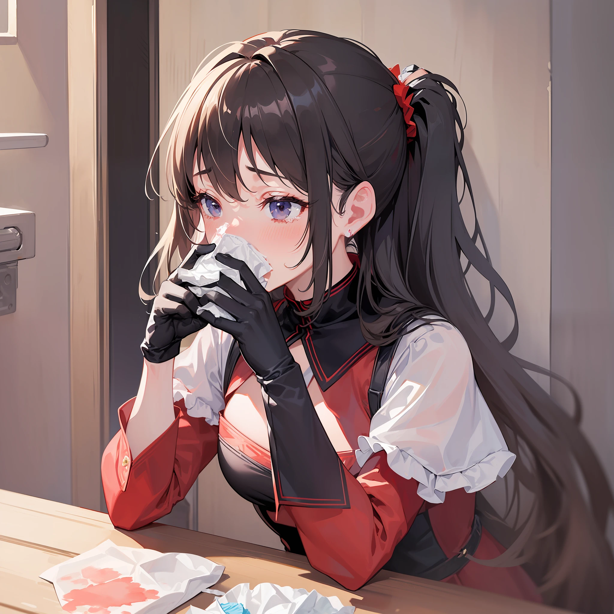 (Masterpiece, highest quality, highest quality, watercolor (medium), official art, black gloves, red dress, ((((blow her's nose with a tissue))))