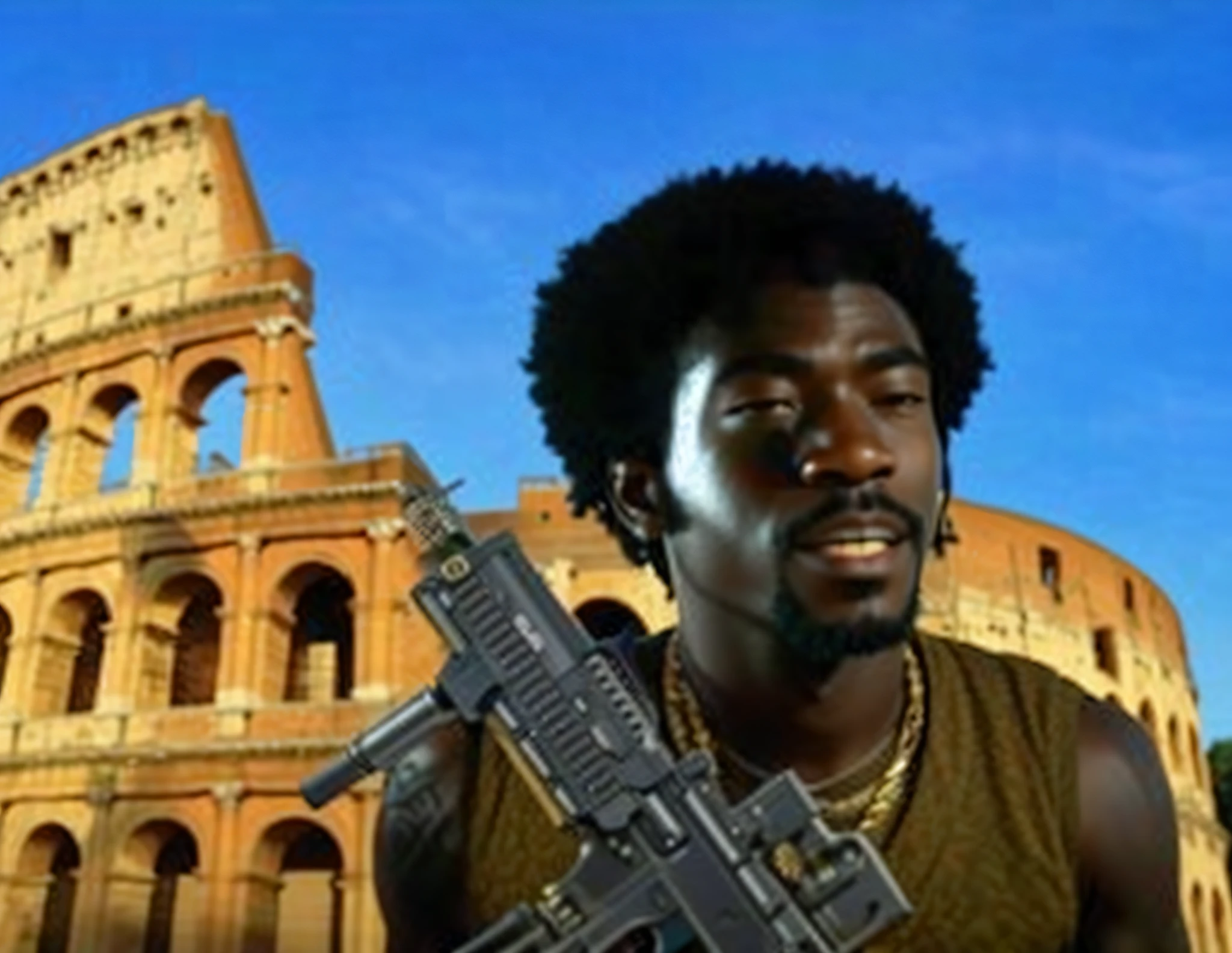 a close up of a man holding a gun in front of a building, samurai with afro, rome backdrop, hi mark ( akwaaba tommy ), afro, sakuga gunplay, black jesus, inspired by Italo Mus, in a coliseum, lil uzi vert, with afro, black mos eisley, rasta, inspired by Ras Akyem, donato